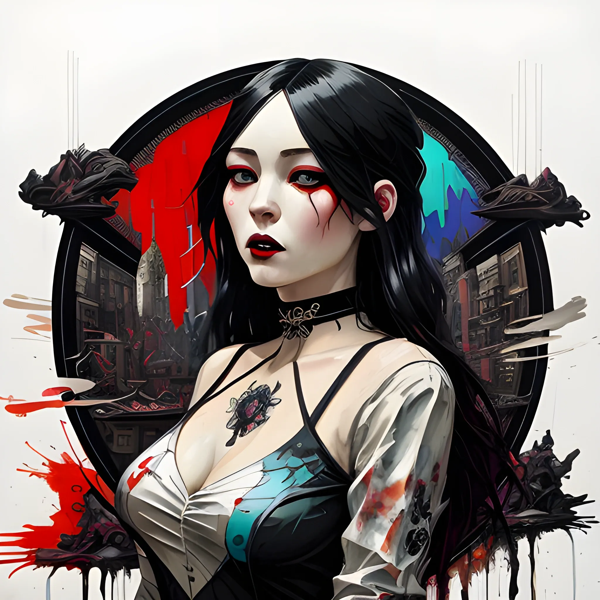 Art Nouveau painting,black, silver and red colors,  true aesthetics, stylish fashion shot of a beautiful woman posing in front of a psychedelic art nouveau style. gothic style korean female, full figure, fit, ellegant tight white shirts, ties, miniskirts,  legs,  choker, long hair, classy,  beautiful faces, manga eyes, open mouth, chaotic messy city in the background, art by Greg Rutkowski graffiti art, splash art, street art, spray paint, oil gouache melting, acrylic, high contrast, colorful polychromatic, ultra detailed, ultra quality, CGSocietyHighly detailed, highest quality