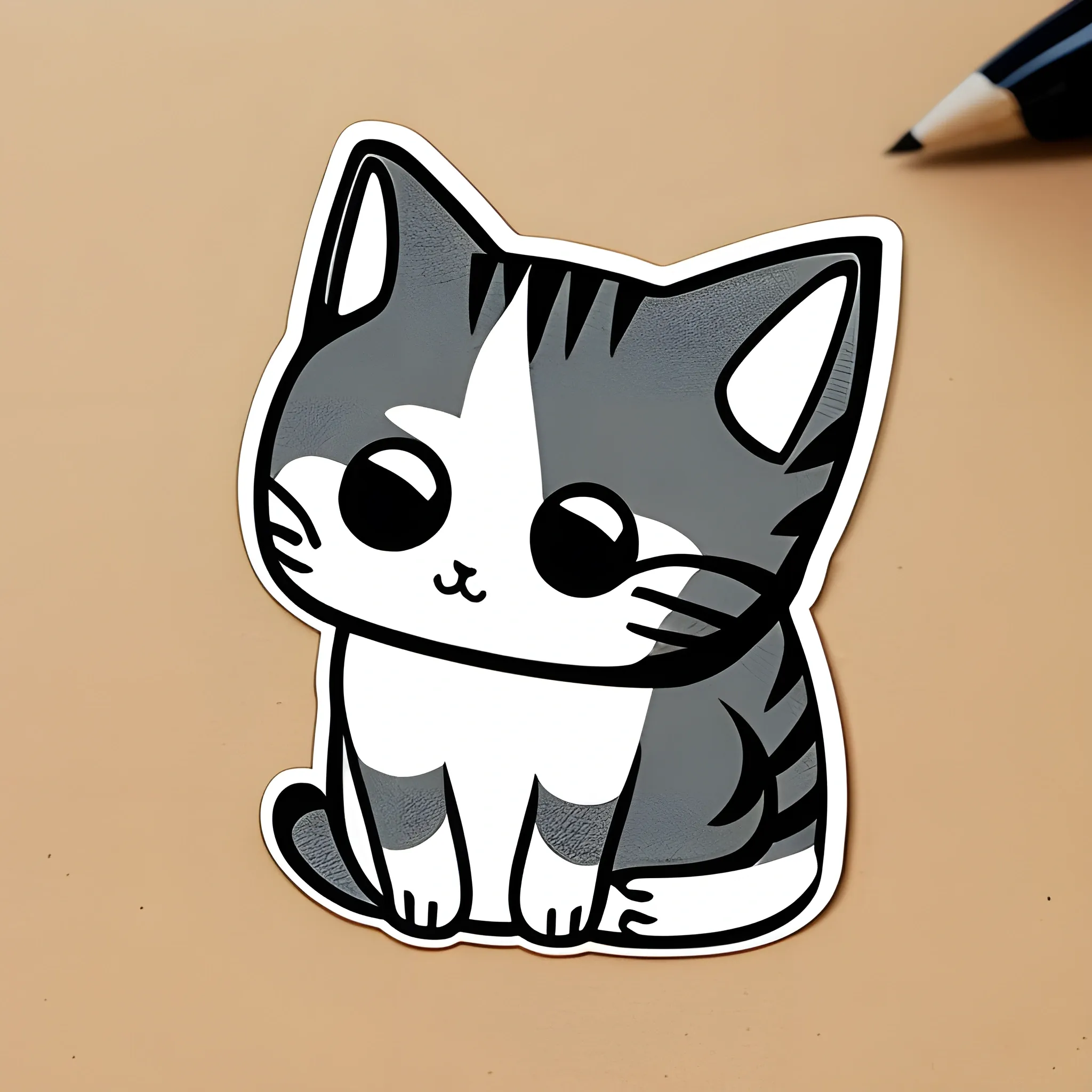 Design a cute cat sticker with a playful pose and an adorable expression.