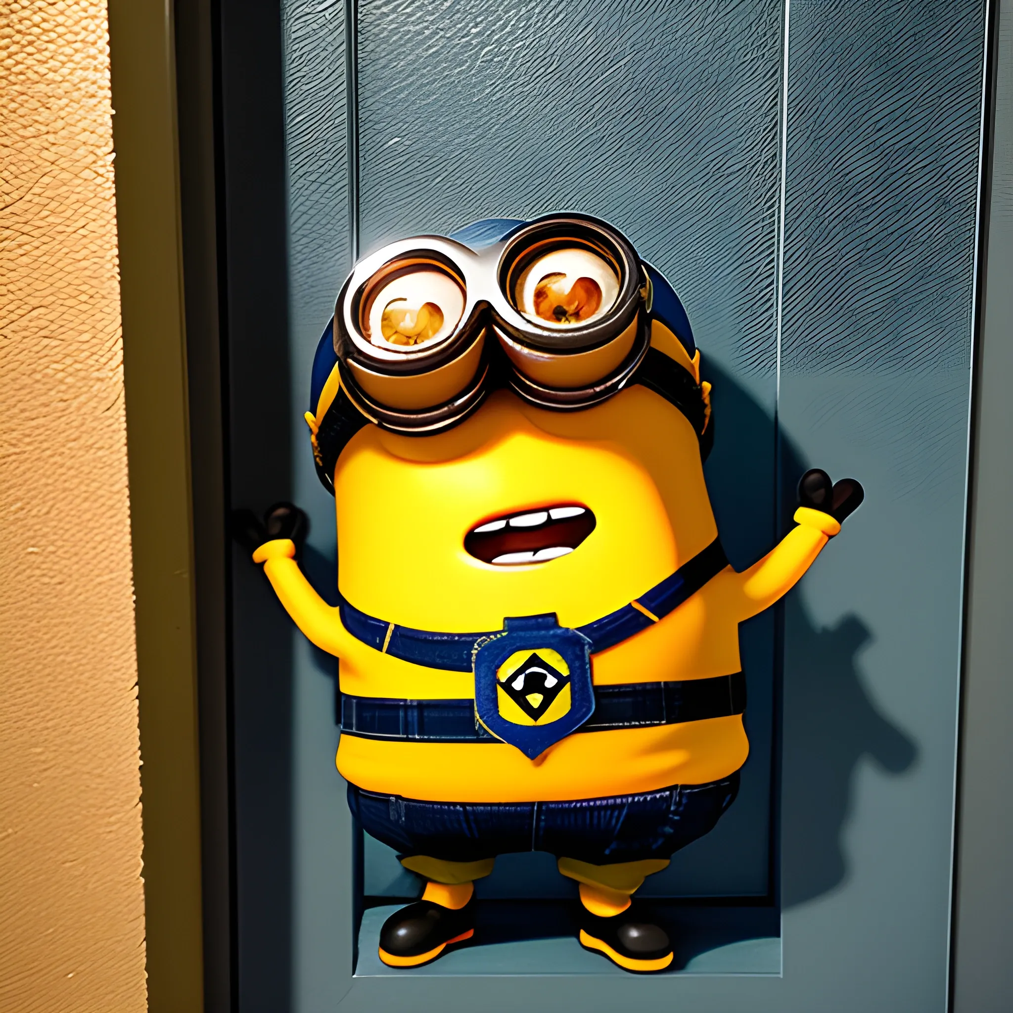 closeup view of a a cute minion standing in front of a modern secret bunker facility door, dressed in special forces gear, with his army patch being the SCP logo