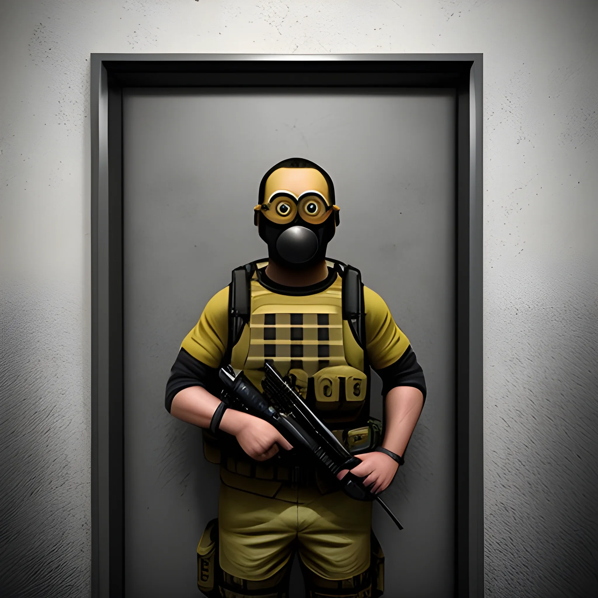 a serious faced minion standing in front of a modern secret bunker facility door, dressed in special forces gear, facing the camera, ultra realistic