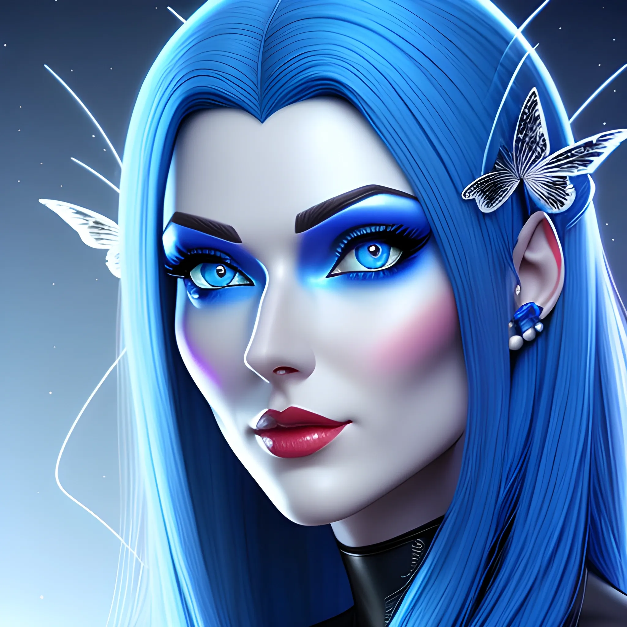 Beautiful girl with blue eyes, high detail, blue scene, hauntingly beautiful illustration, 3D