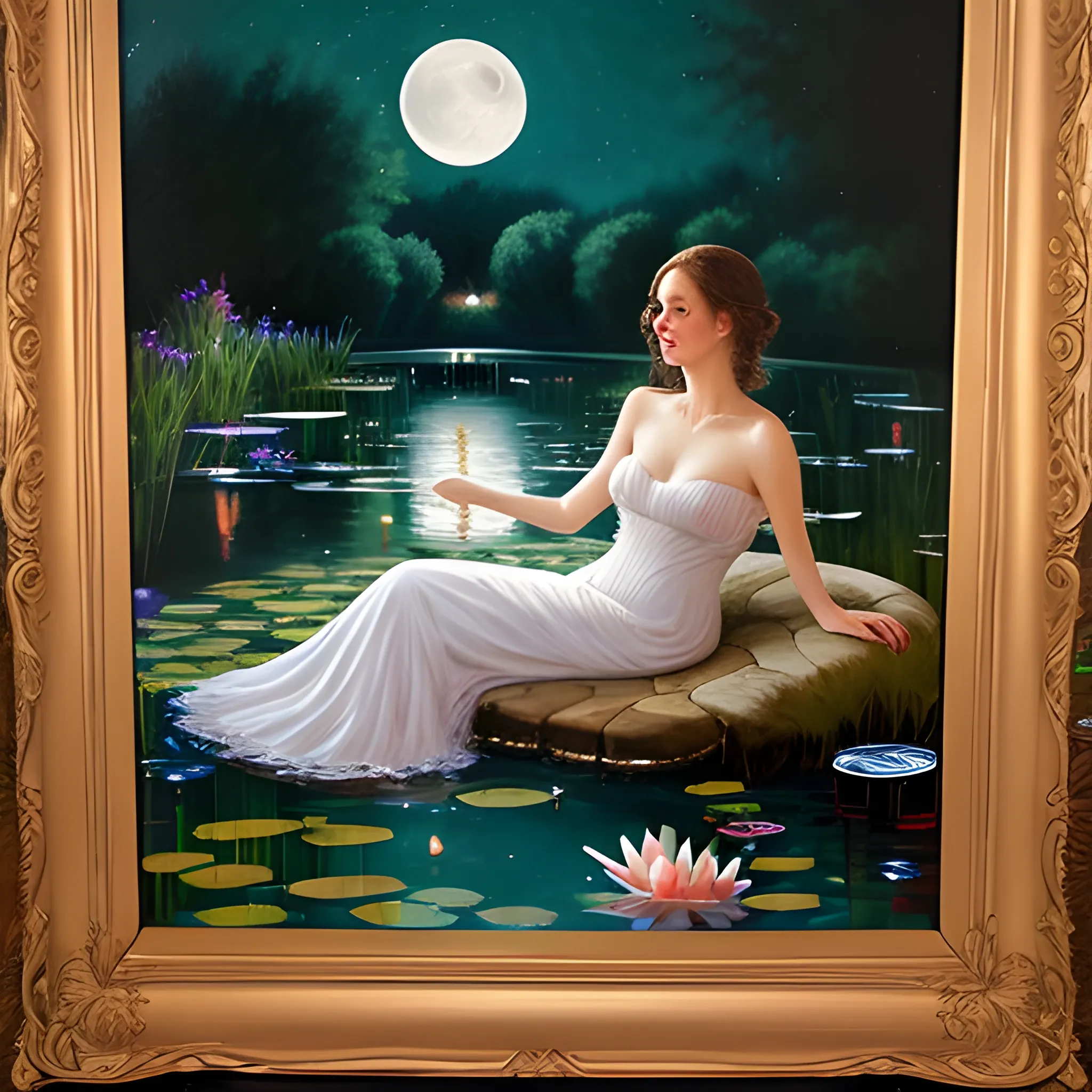 Romantic lady, bathing in the pond, night, moon, Oil Painting