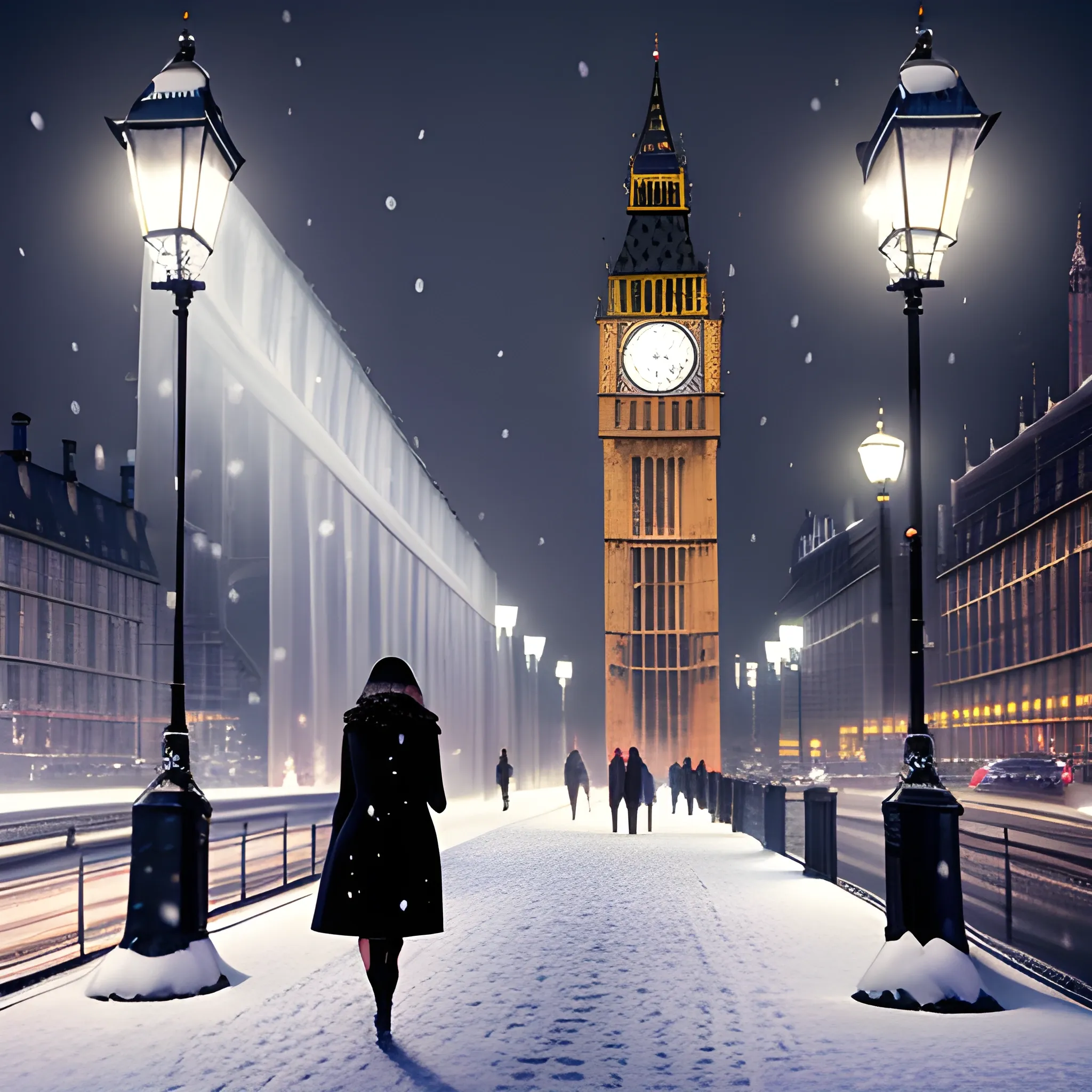 London cityscape, night, snow, London bridge, beautiful Lady wea ...