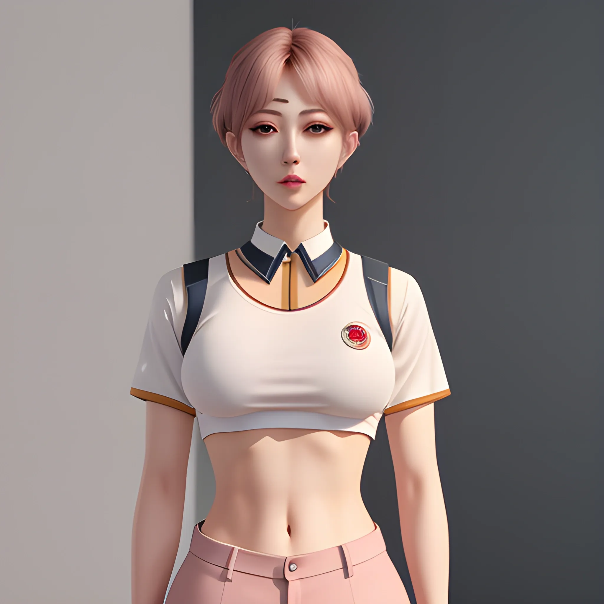 masterpiece,ultra realistic,32k,extremely detailed CG unity 8k wallpaper, best quality, 1 girl, blush, short hair, (closed mouth), (uppper body:1.2), (small chest), (nsfw, see through:1.25), (japanese school uniform), (JP uniform crop top), <lora:JP_uniform_crop_top:0.5>