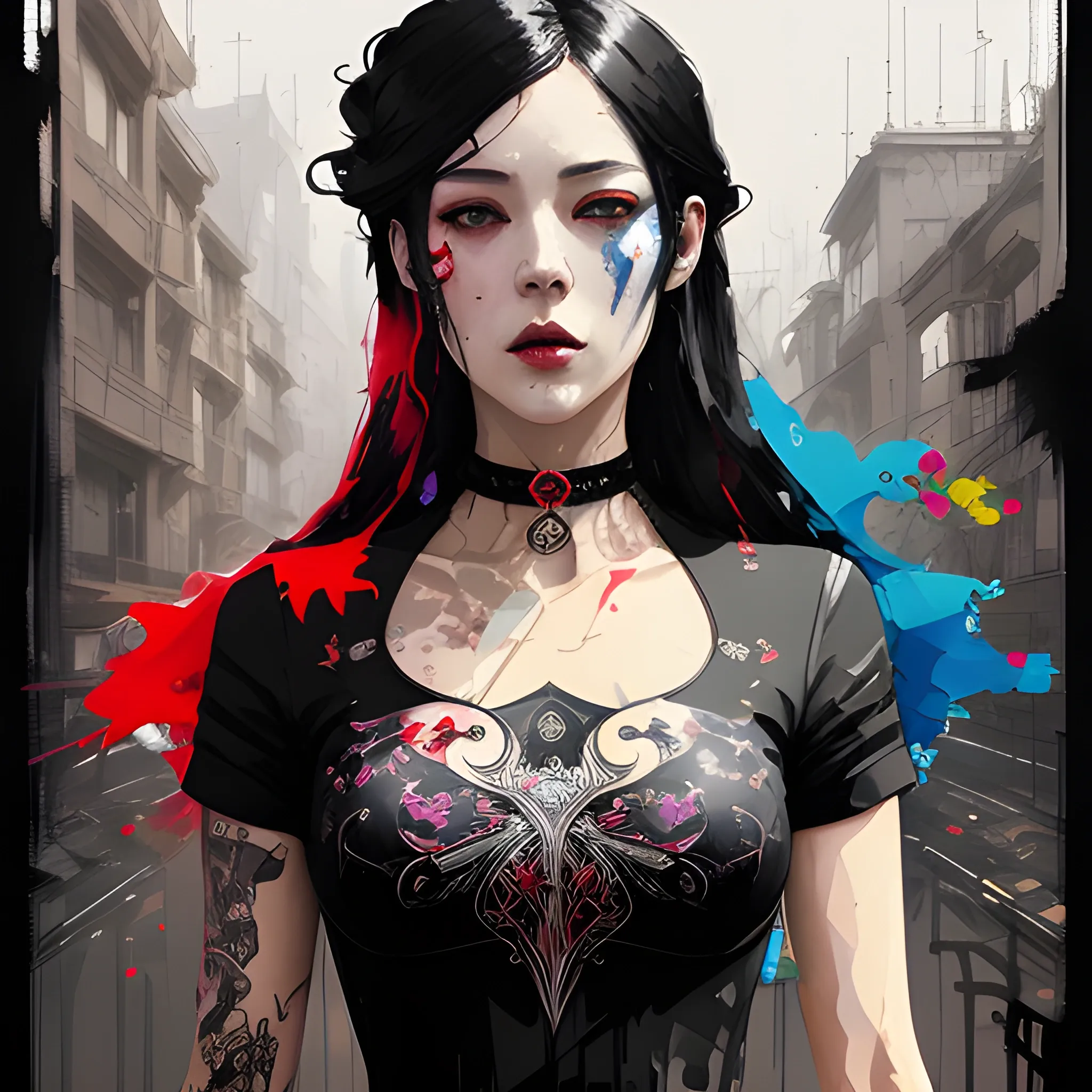 Art Nouveau painting,black, silver and red colors,  true aesthetics, stylish fashion shot of a beautiful woman posing in front of a psychedelic art nouveau style. gothic style korean female, full figure, fit, ellegant tight white shirts, ties, miniskirts,  legs,  choker, long hair, classy,  beautiful faces, manga eyes, open mouth, chaotic messy city in the background, art by Greg Rutkowski graffiti art, splash art, street art, spray paint, oil gouache melting, acrylic, high contrast, colorful polychromatic, ultra detailed, ultra quality, CGSocietyHighly detailed, highest quality