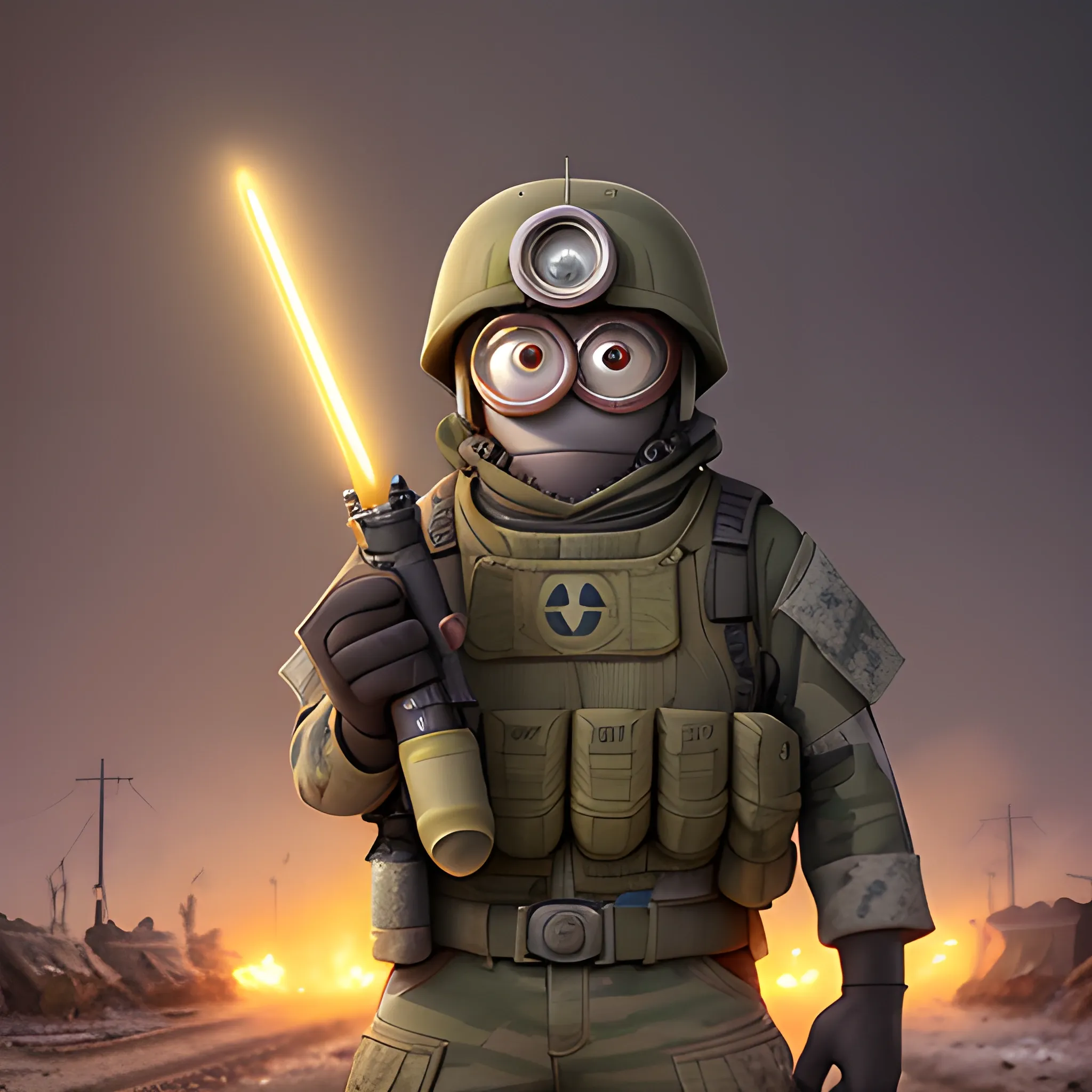 a minion at the frontlines in the army at night with his platoon fighting, slava ukraine, key lighting, soft lights, foggy, by steve haris, by lisa yuskavage, by serov valentin, by tarkosvky, 8 k render, detailed, cute cartoon style, very cute adorable face