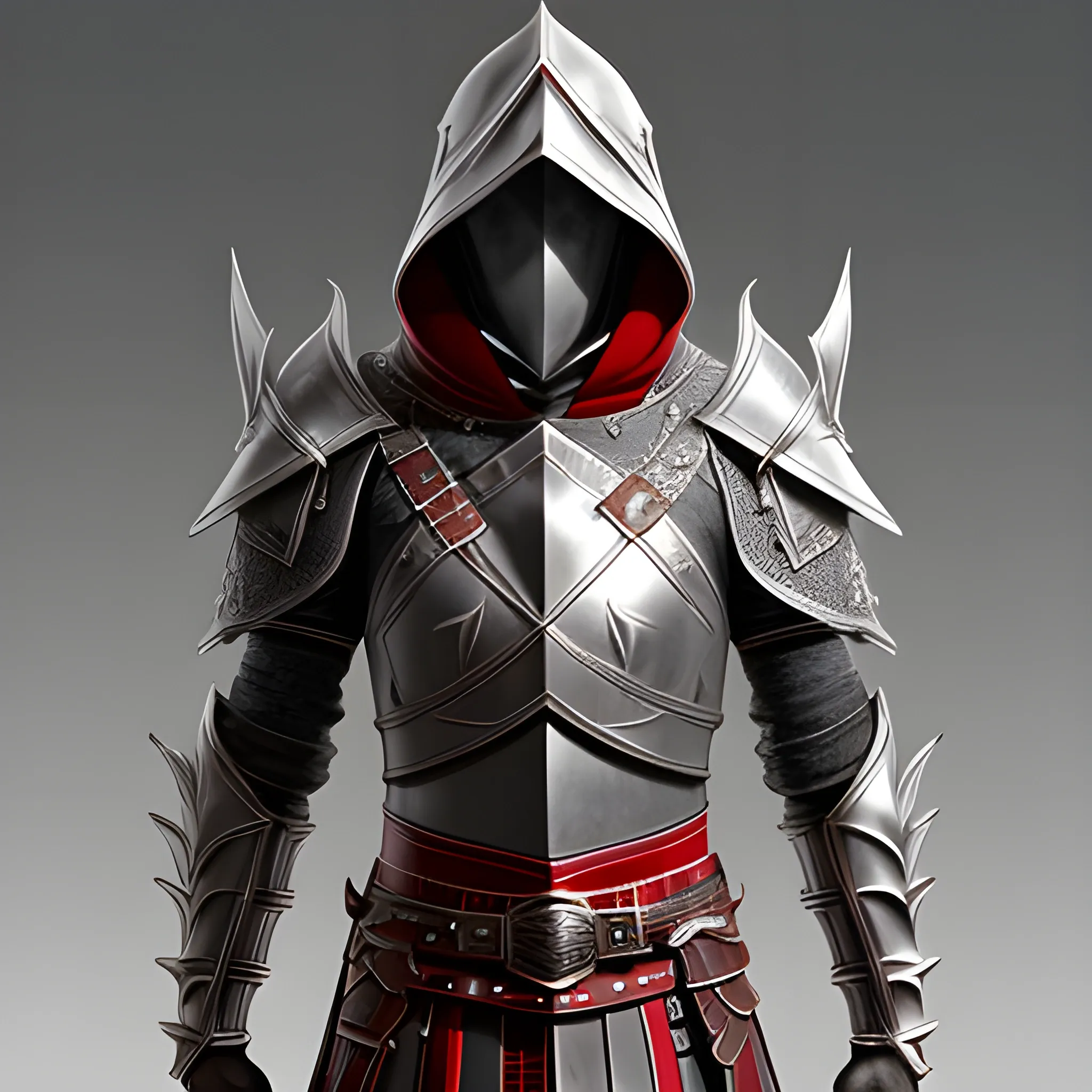 leather armor, fantasy, stylish, elegant, with white and red elements, ray tracing, high details, sharp focus, concept art, a male, with hood, 