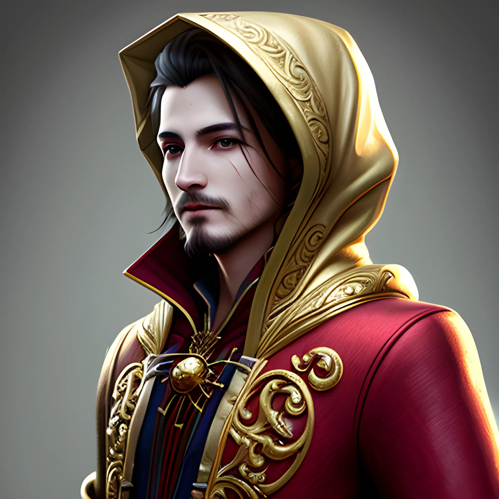 Bard, fantasy, stylish, elegant, wearing gold and red jacket, ray tracing, high details, sharp focus, concept art, a male, with hood, 