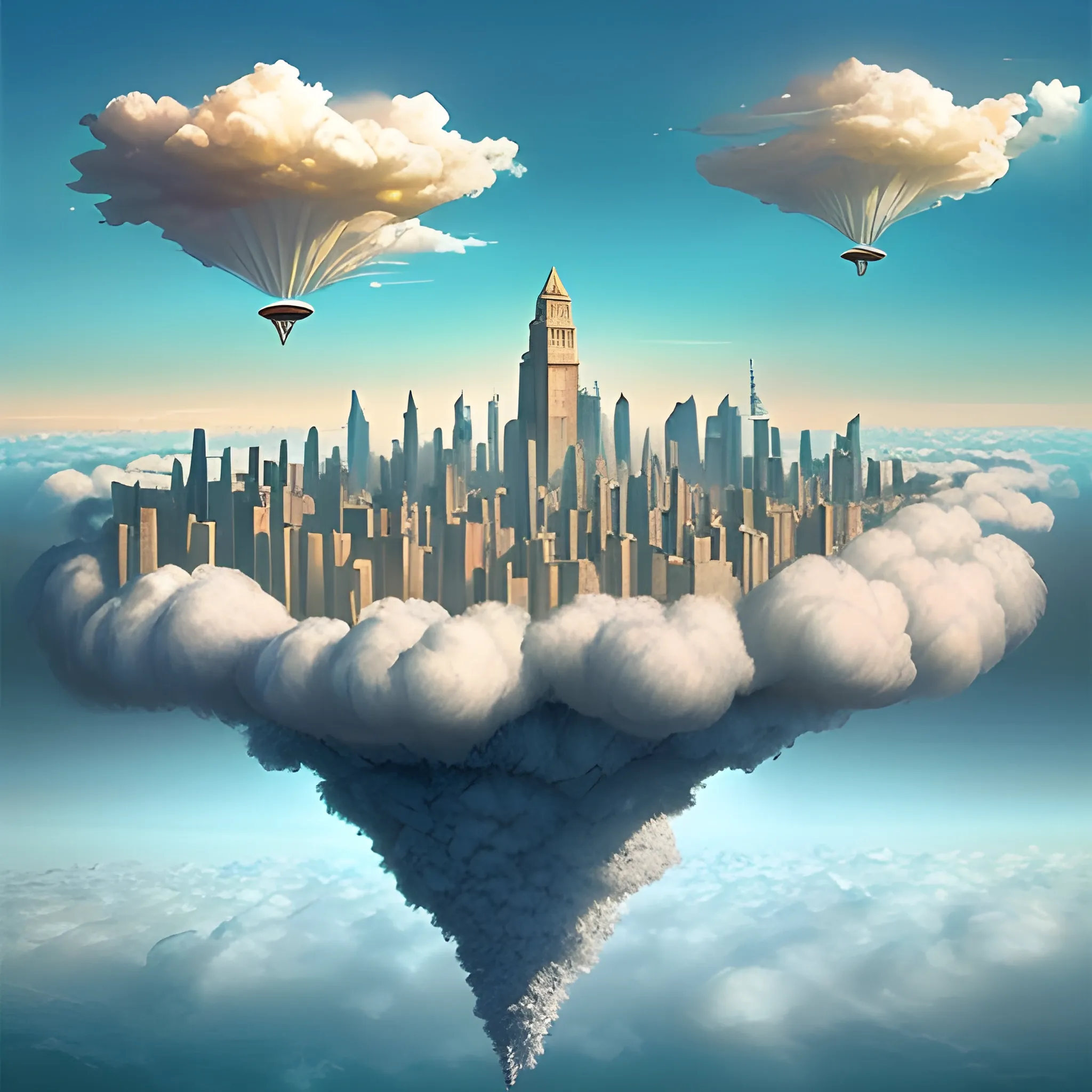 Imagina una ciudad flotante en medio de las nubes con rascacielos surrealistas alcanzando alturas inimaginables.
