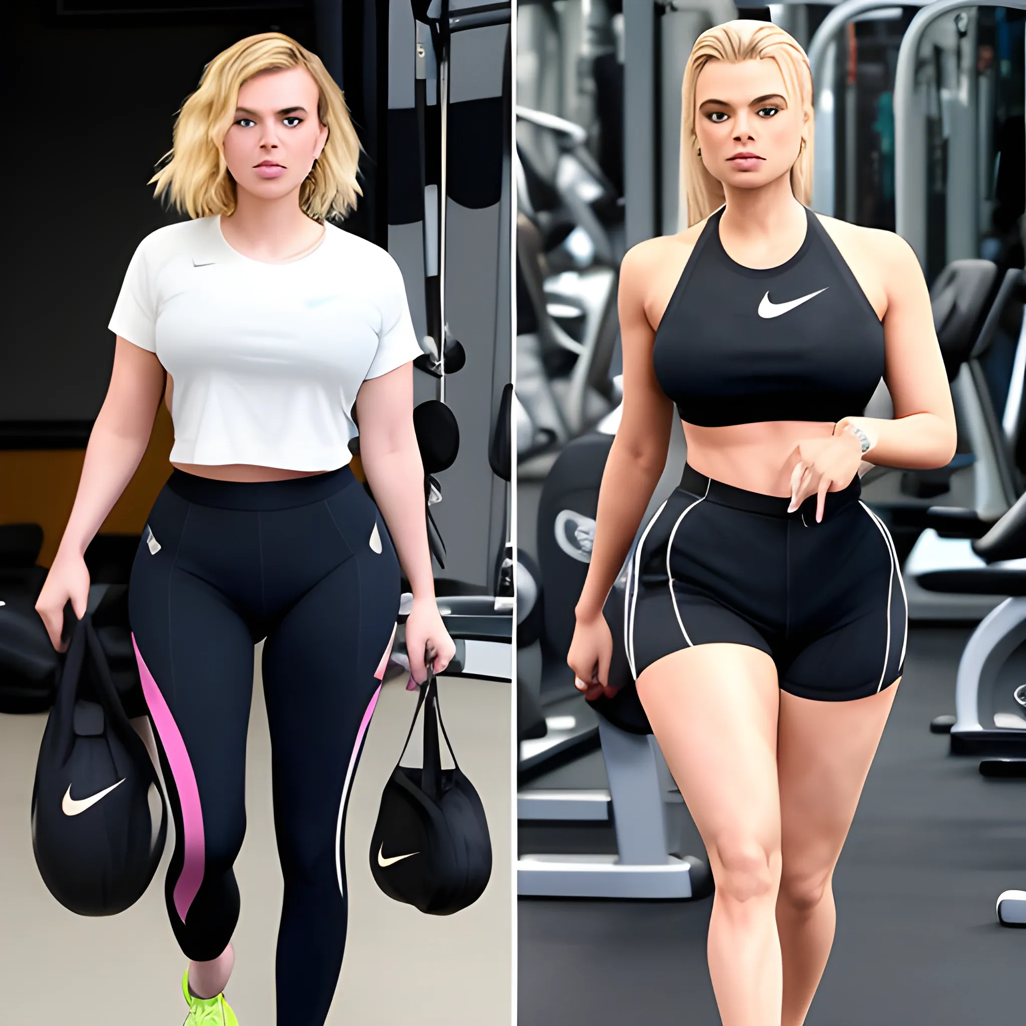 scarlett johansson and khloe kardashian and margot robbie wearing nike  sneakers in a gym

