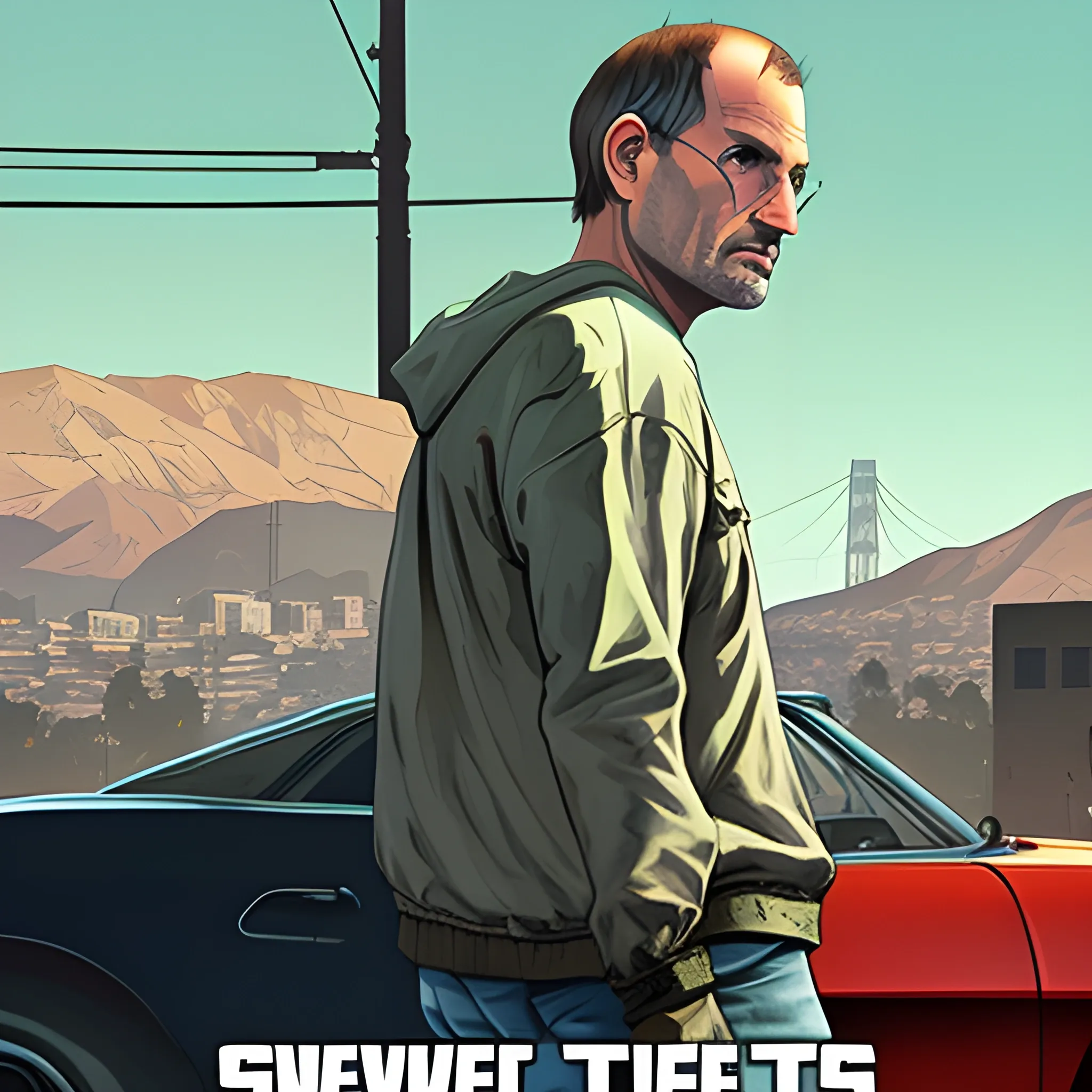 Steve Jobs, Grand Theft Auto V Poster, detailed, graphic novel poster art, California background, --aspect 2:3