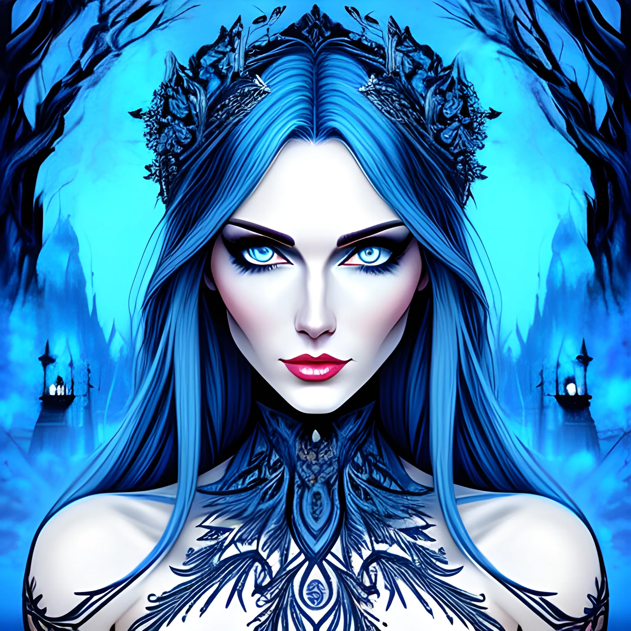 Beautiful girl with blue eyes, high detail, blue scene, hauntingly beautiful illustration