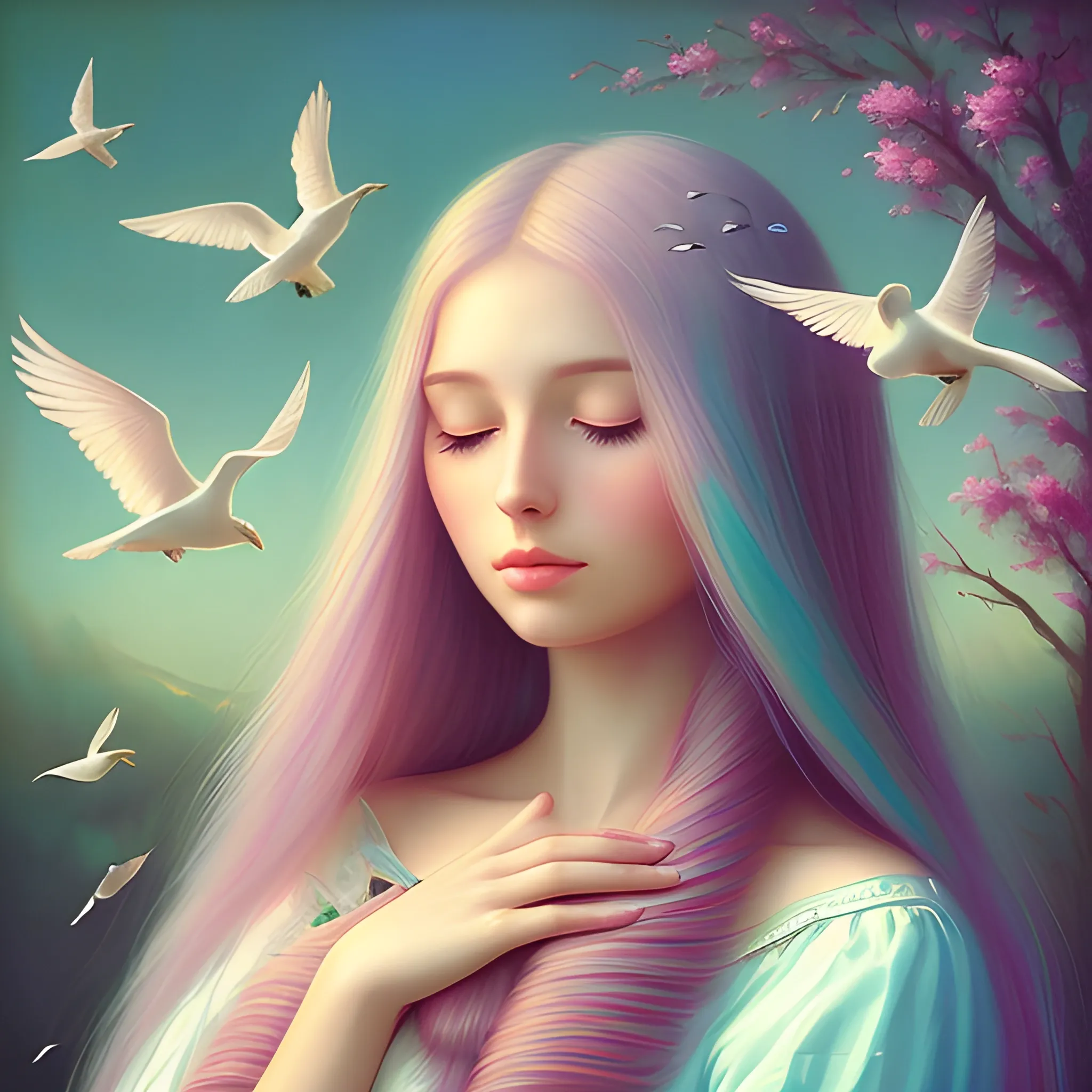 beautiful woman, peace, innocence, serenity, long hair, birds, surreal, pastel colors, high definition, stunning graphics, Oil Painting