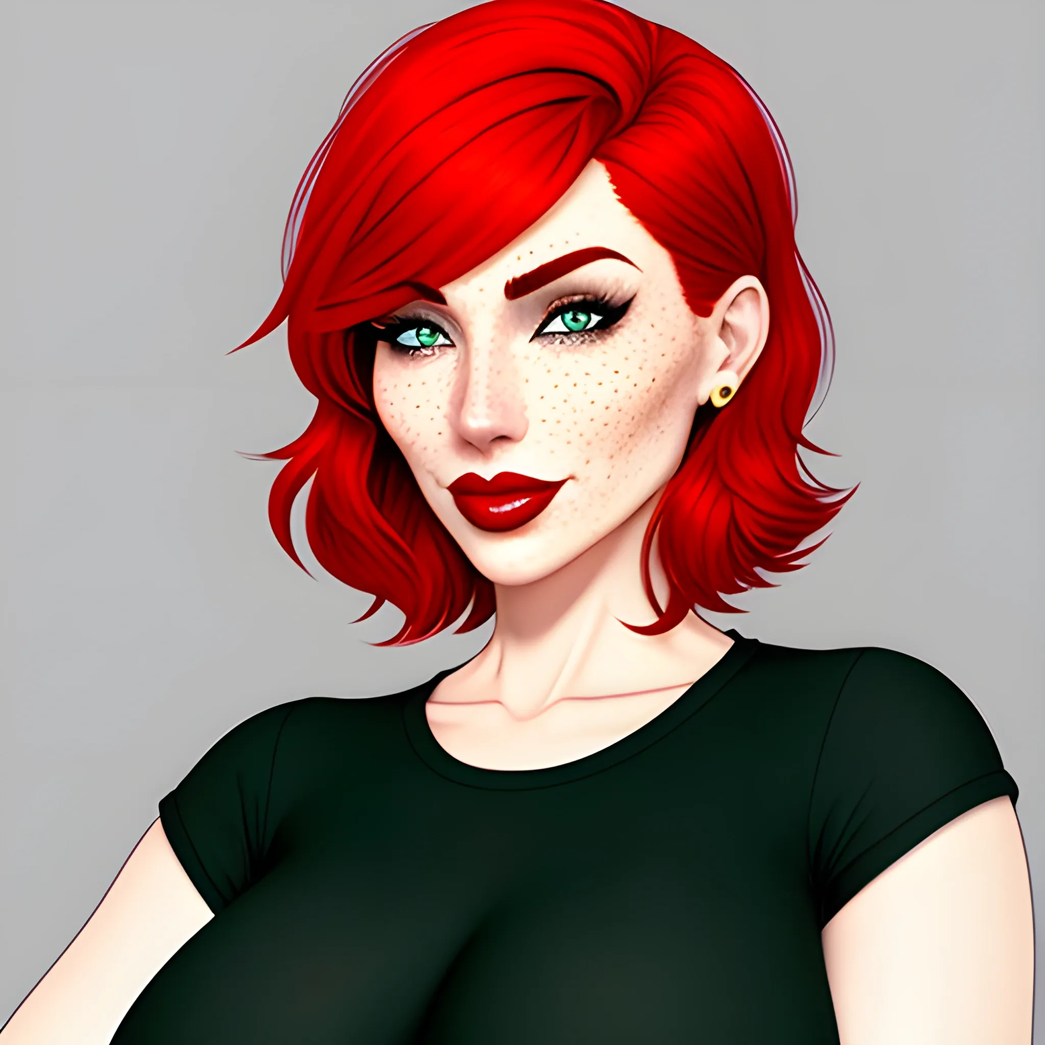 Girl, short hair, freckles on the face, red hair color, big breast, full height, Cartoon, teenager, 
