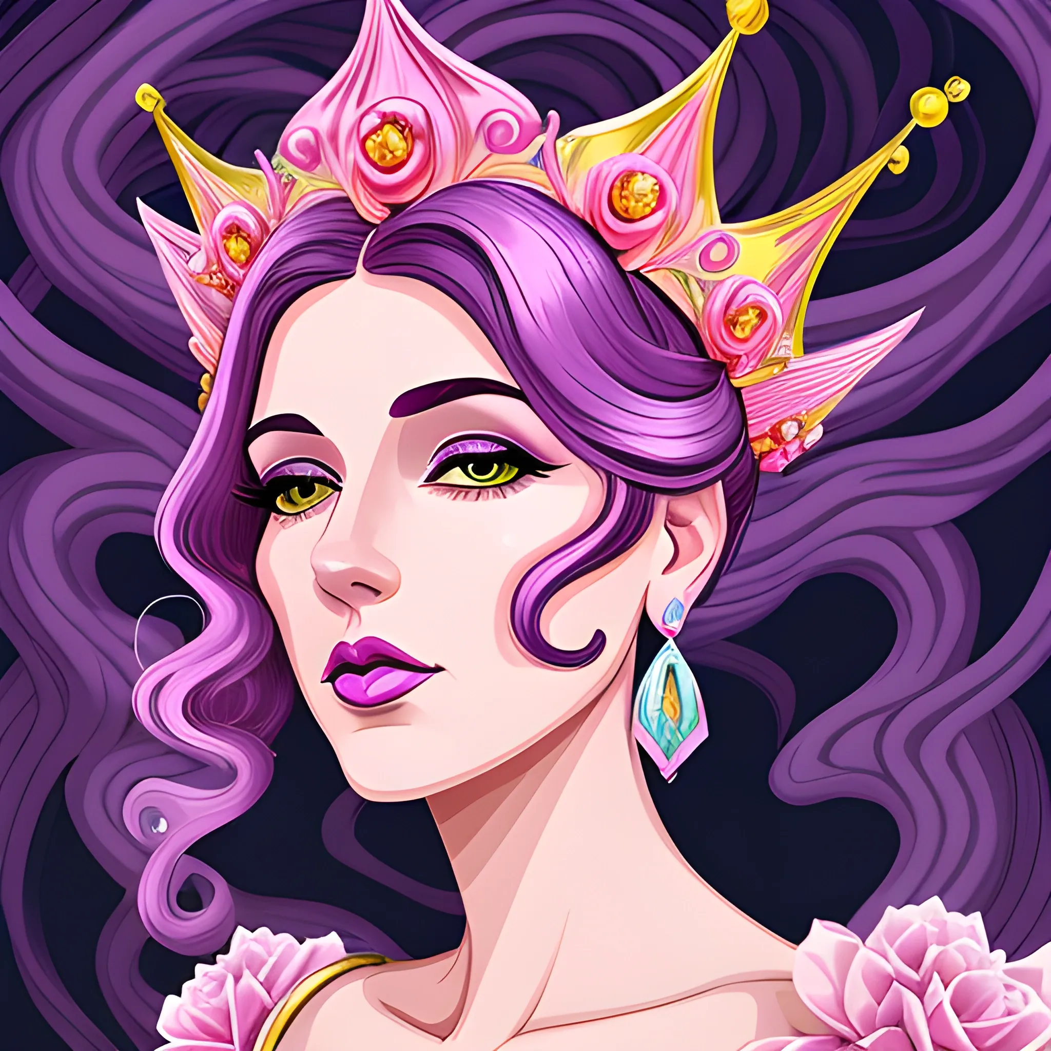 Close up of Woman purple wearing pink, art deco, earrings, bejeweled crown of roses, pink hair, purple eyes, digital illustration style, otherworldly landscape with floating islands, cascading streams and vibrant flora and fauna. Very detailed and high quality, , Cartoon