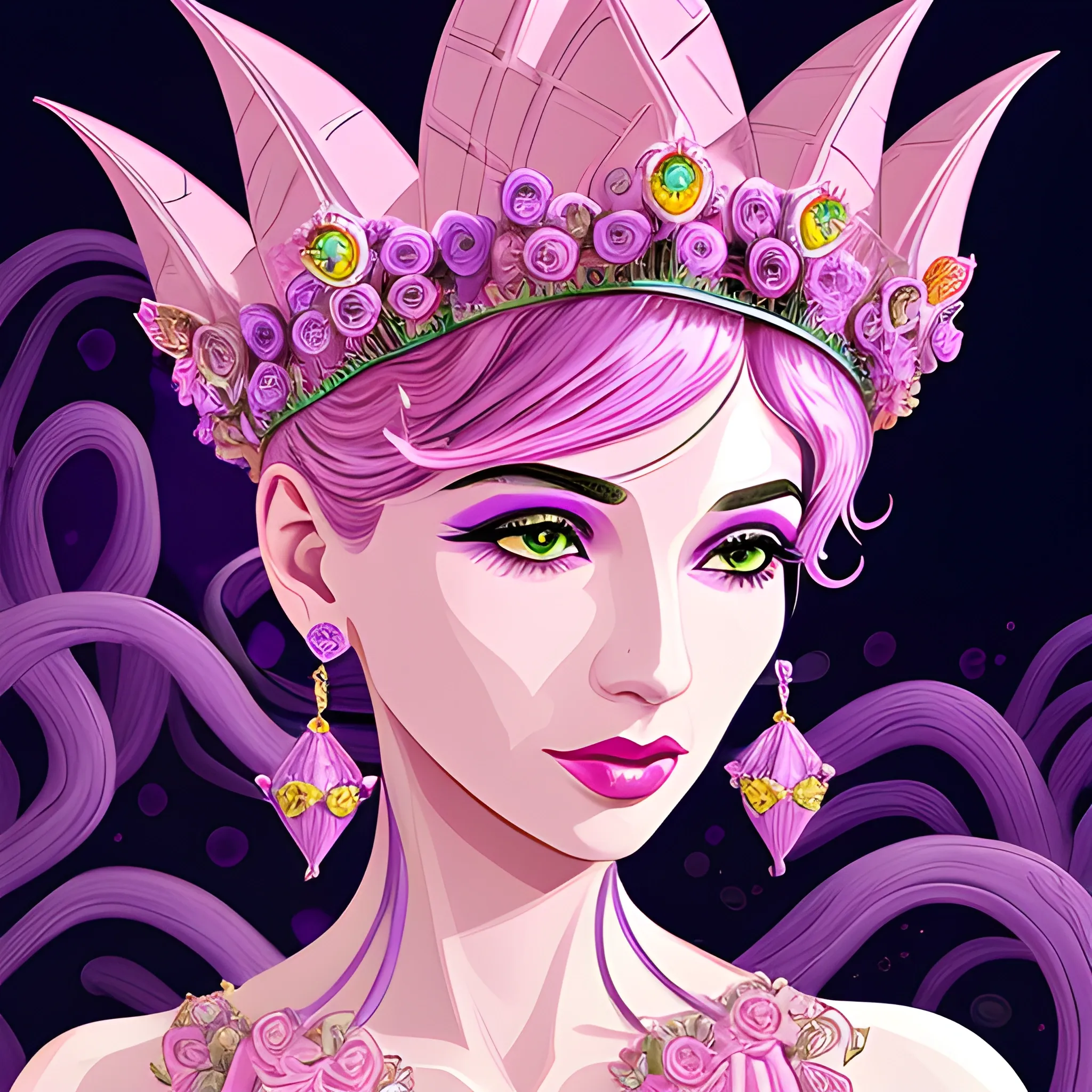 Close up of Woman purple wearing pink, art deco, earrings, bejeweled crown of roses, pink hair, purple eyes, digital illustration style, otherworldly landscape with floating islands, cascading streams and vibrant flora and fauna. Very detailed and high quality, , Cartoon