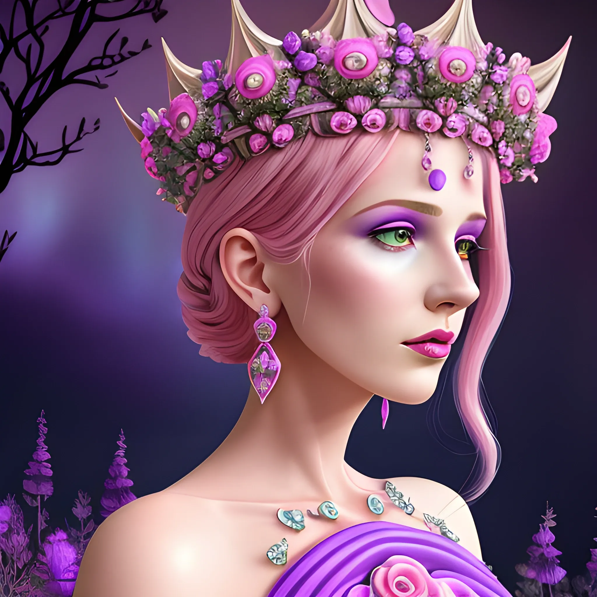 Close up of Woman purple wearing pink, art deco, earrings, bejeweled crown of roses, pink hair, purple eyes, digital illustration style, otherworldly landscape with floating islands, cascading streams and vibrant flora and fauna. Very detailed and high quality, 3D