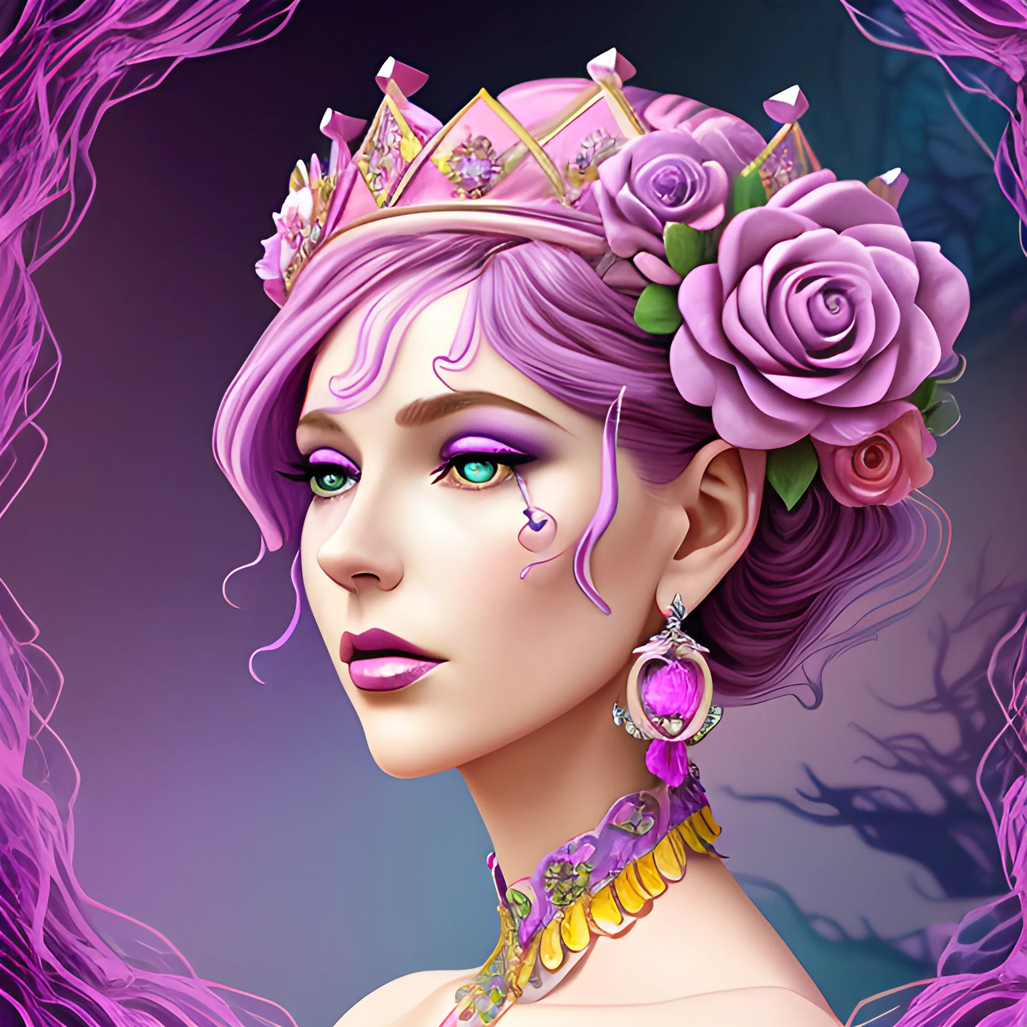 Close up of Woman purple wearing pink, art deco, earrings, bejeweled crown of roses, pink hair, purple eyes, digital illustration style, otherworldly landscape with floating islands, cascading streams and vibrant flora and fauna. Very detailed and high quality, 3D, Water Color