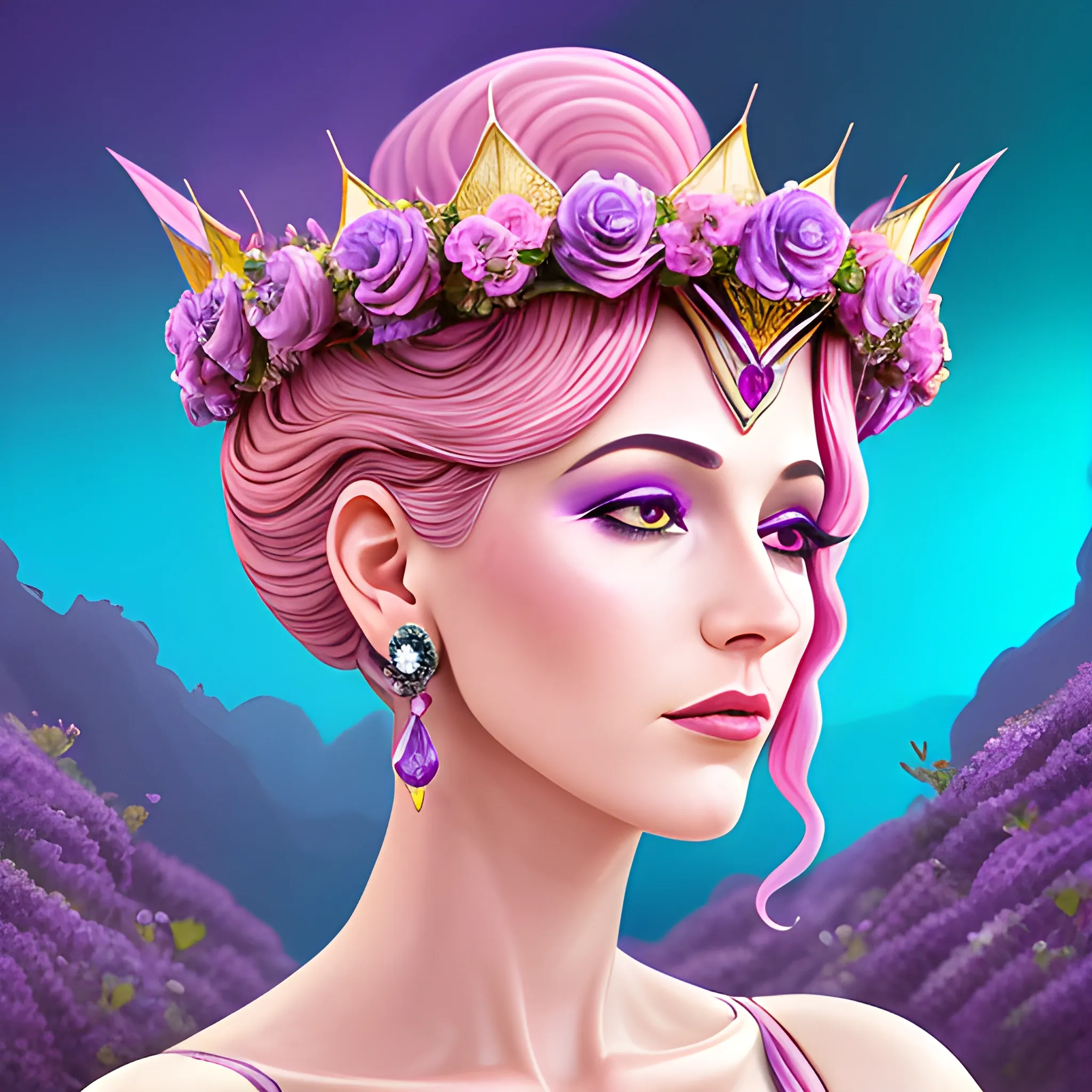 Close up of Woman purple wearing pink, art deco, earrings, bejeweled crown of roses, pink hair, purple eyes, digital illustration style, otherworldly landscape with floating islands, cascading streams and vibrant flora and fauna. Very detailed and high quality, 3D, Water Color