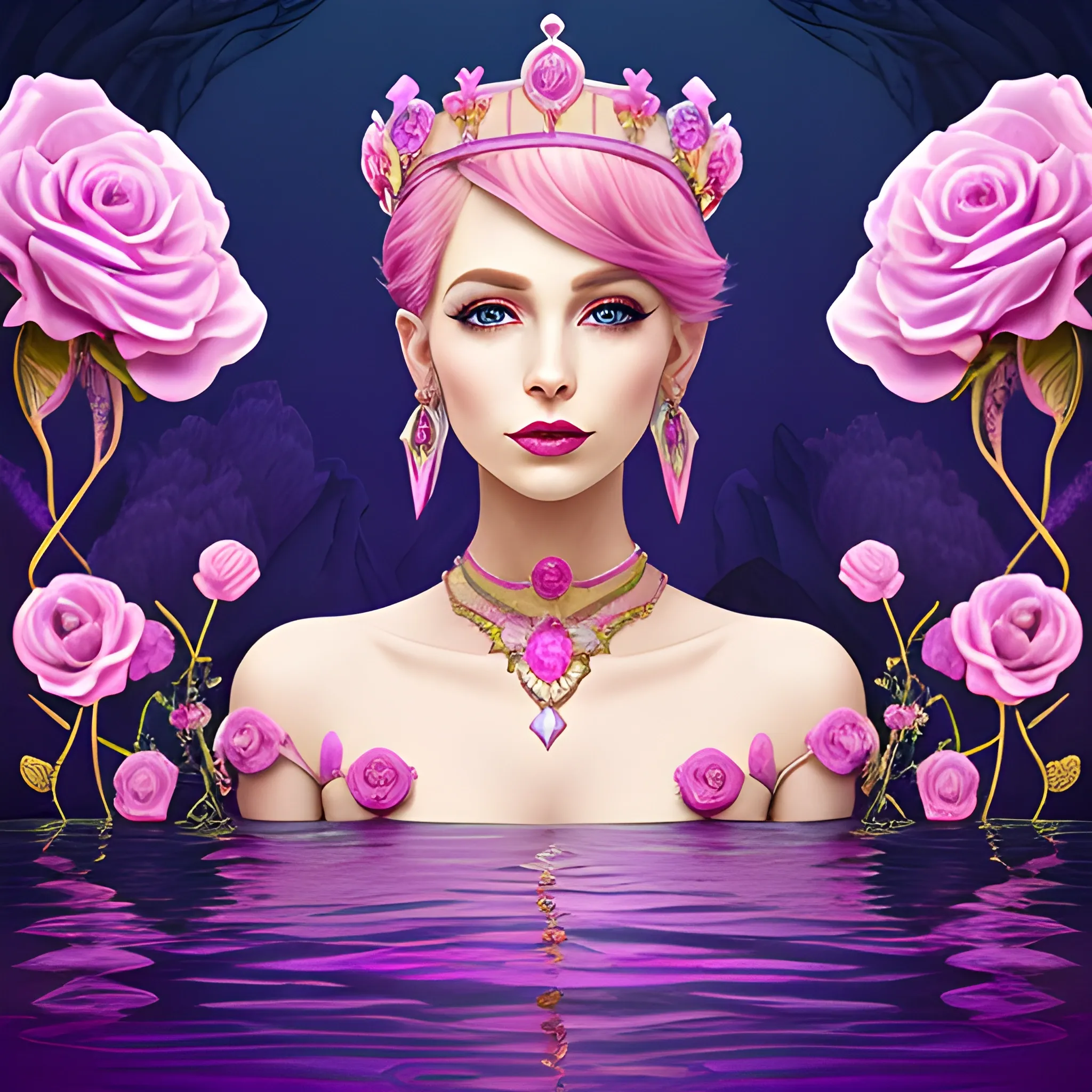 Close up of Woman purple wearing pink, art deco, earrings, bejeweled crown of roses, pink hair, purple eyes, digital illustration style, otherworldly landscape with floating islands, cascading streams and vibrant flora and fauna. Very detailed and high quality, 3D, Water Color