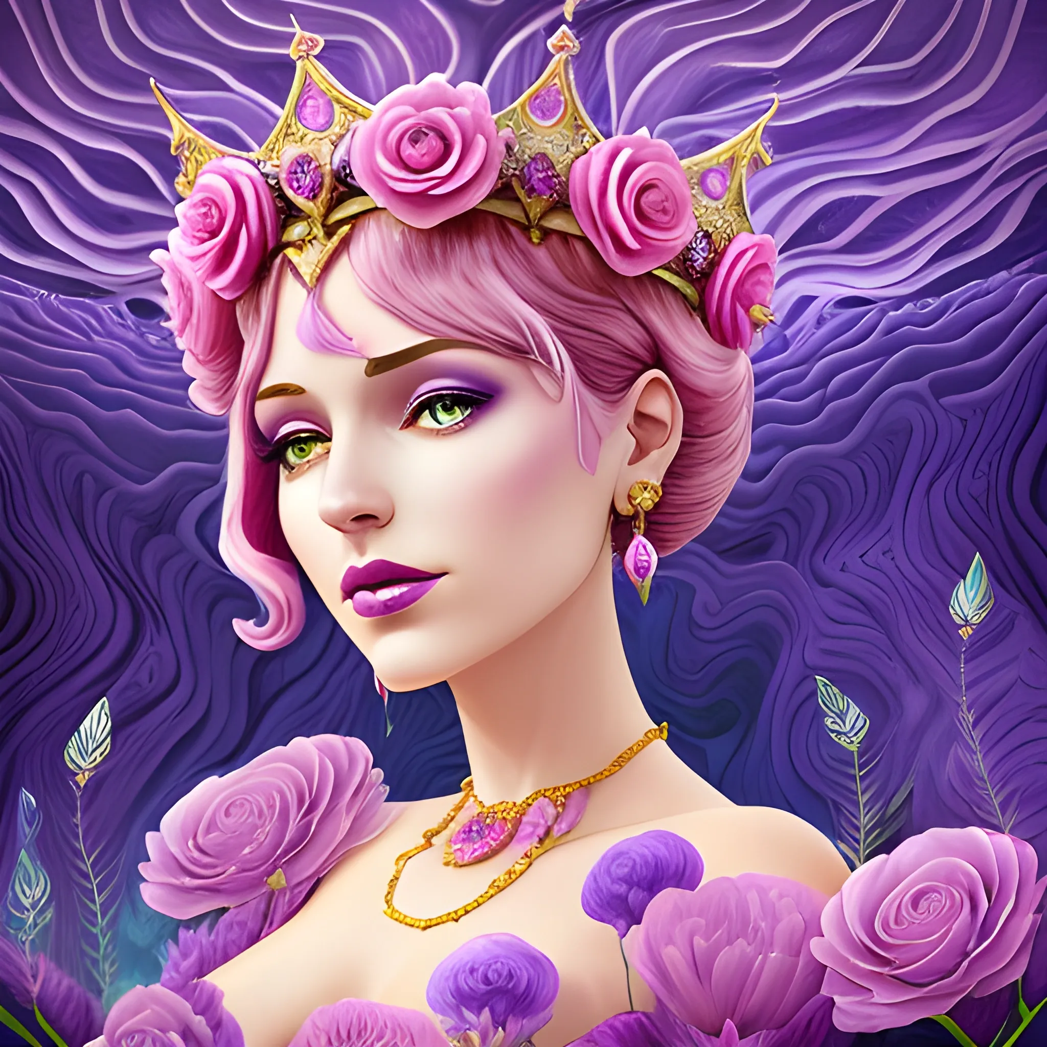 Close up of Woman purple wearing pink, art deco, earrings, bejew ...