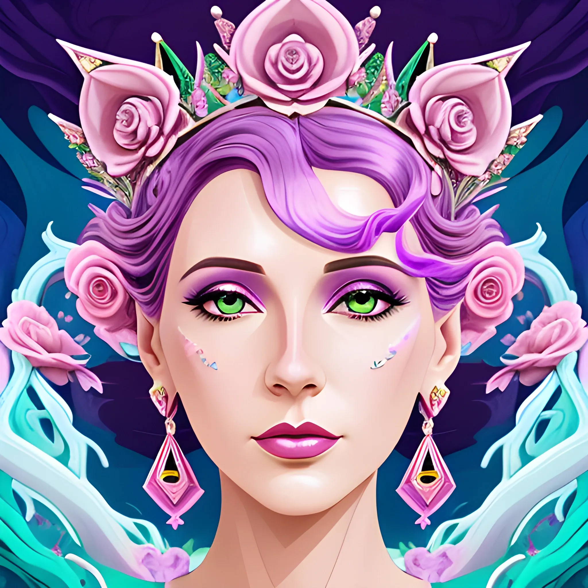 Close up of Woman purple wearing pink, art deco, earrings, bejeweled crown of roses, pink hair, purple eyes, digital illustration style, otherworldly landscape with floating islands, cascading streams and vibrant flora and fauna. Very detailed and high quality, 3D, Water Color