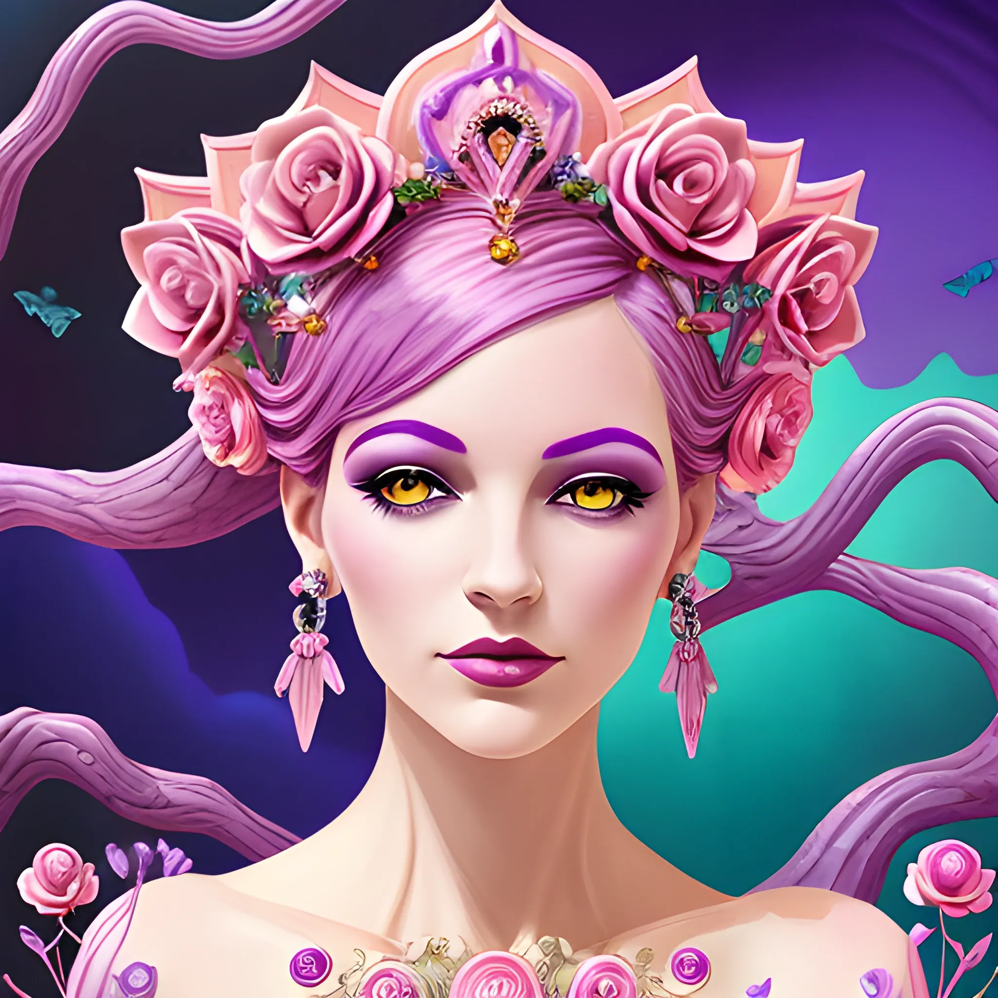 Close up of Woman purple wearing pink, art deco, earrings, bejeweled crown of roses, pink hair, purple eyes, digital illustration style, otherworldly landscape with floating islands, cascading streams and vibrant flora and fauna. Very detailed and high quality, 3D, Water Color