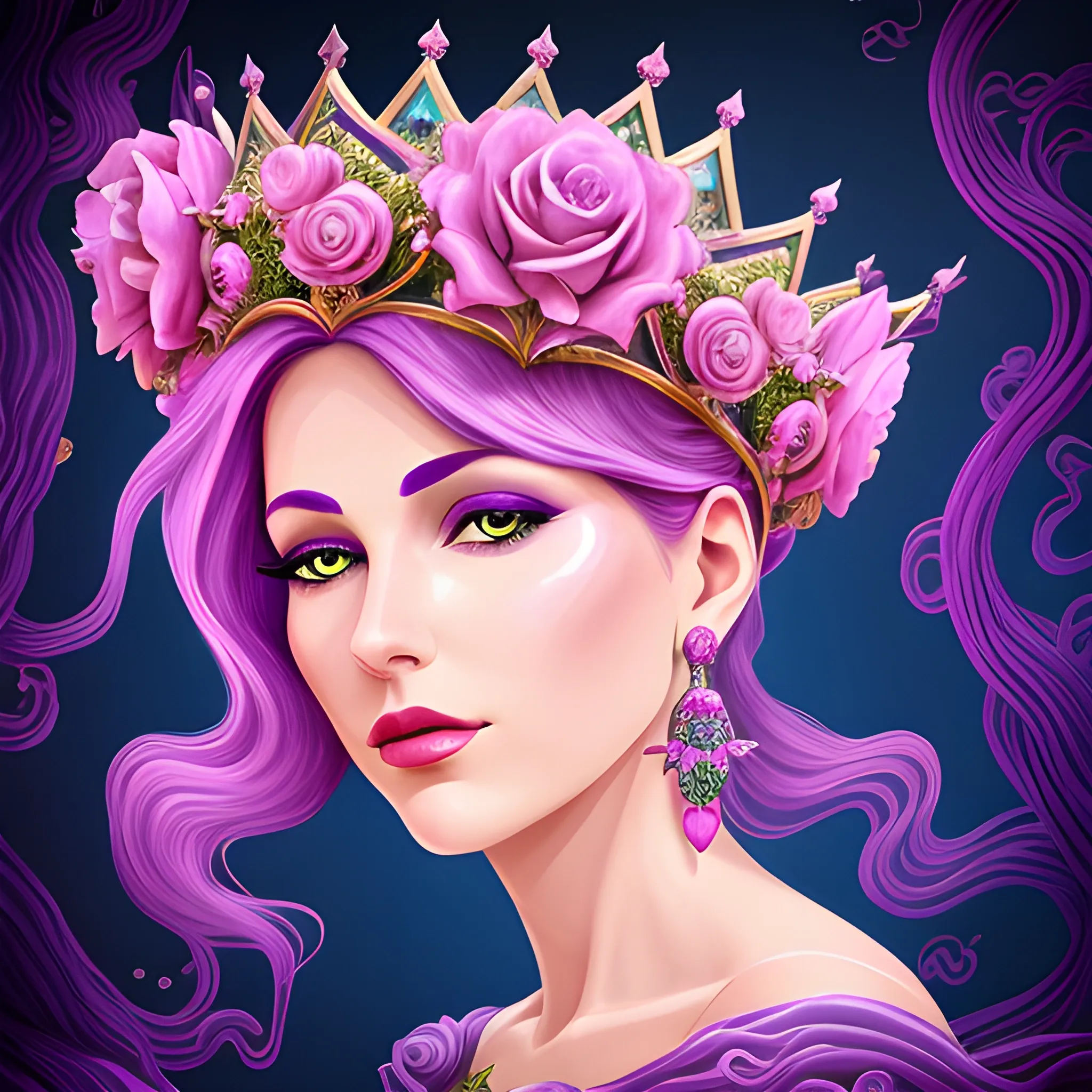 Close up of Woman purple wearing pink, art deco, earrings, bejeweled crown of roses, pink hair, purple eyes, digital illustration style, otherworldly landscape with floating islands, cascading streams and vibrant flora and fauna. Very detailed and high quality, 3D, Water Color