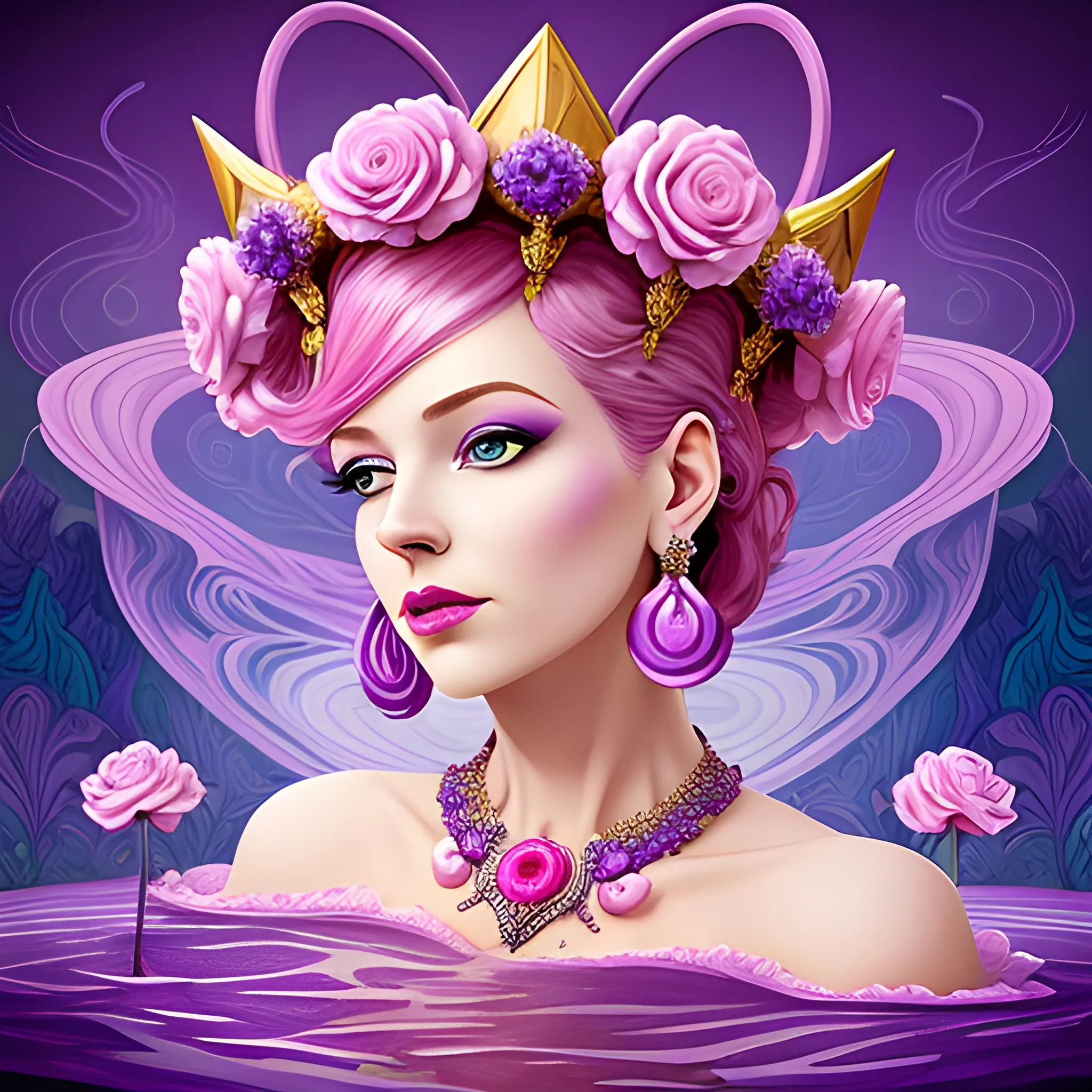 Close up of Woman purple wearing pink, art deco, earrings, bejeweled crown of roses, pink hair, purple eyes, digital illustration style, otherworldly landscape with floating islands, cascading streams and vibrant flora and fauna. Very detailed and high quality, 3D, Water Color