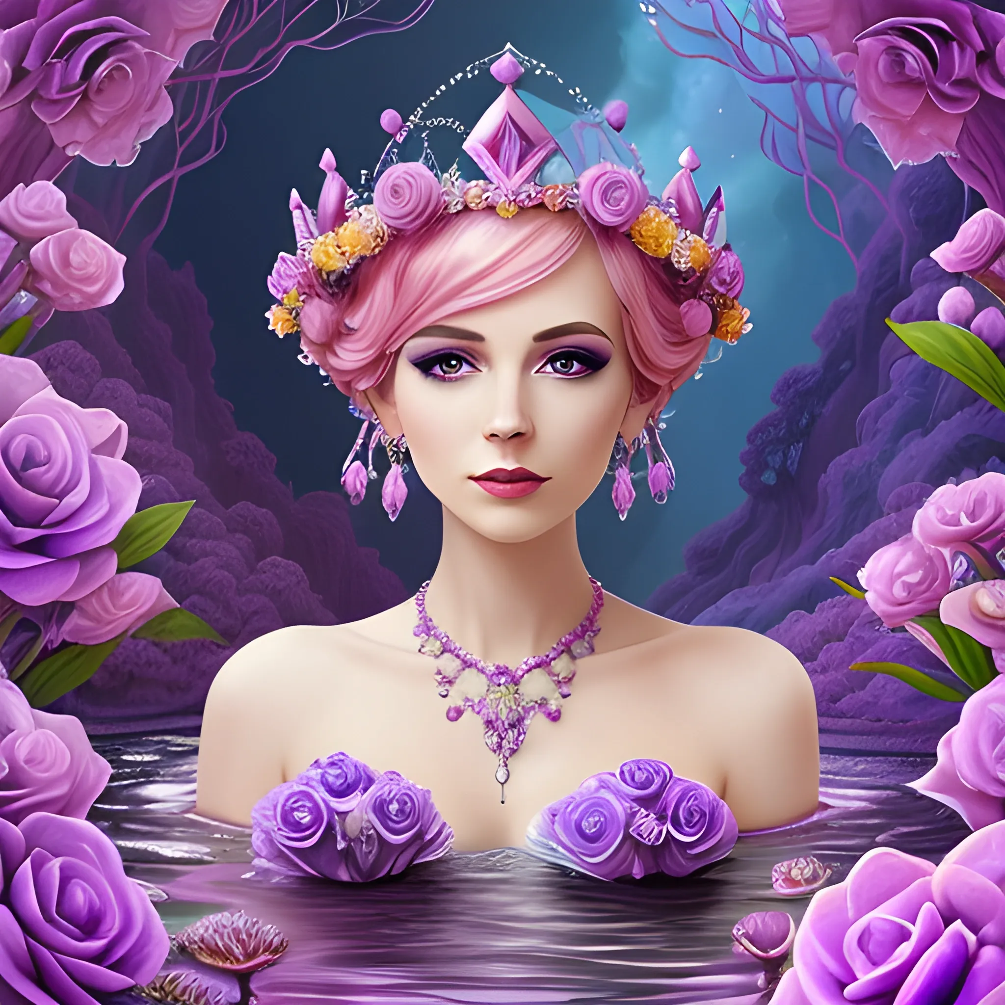 Close up of Woman purple wearing pink, art deco, earrings, bejeweled crown of roses, pink hair, purple eyes, digital illustration style, otherworldly landscape with floating islands, cascading streams and vibrant flora and fauna. Very detailed and high quality, 3D, Water Color