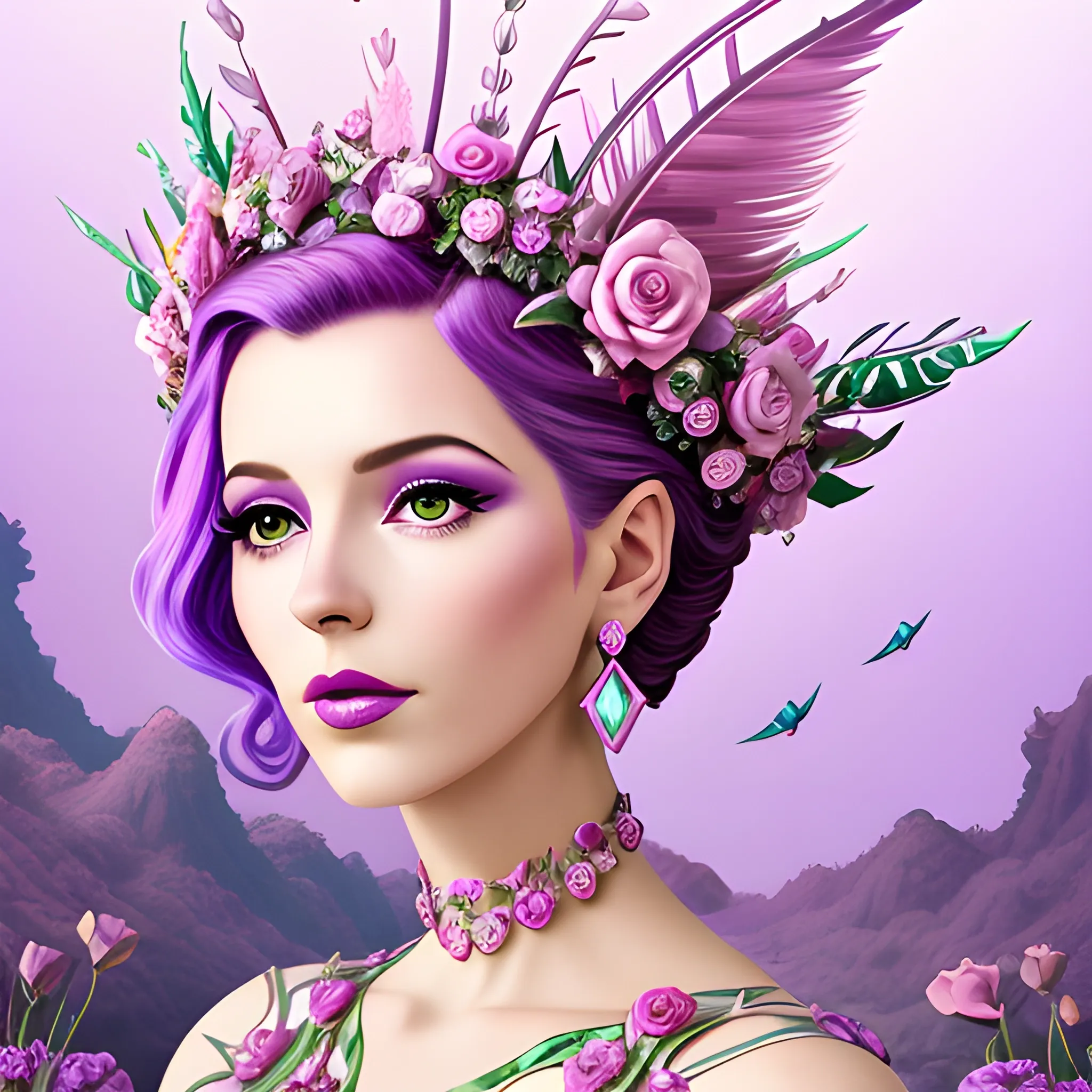 Close up of Woman purple wearing pink, art deco, earrings, bejeweled crown of roses, pink hair, purple eyes, digital illustration style, otherworldly landscape with floating islands, cascading streams and vibrant flora and fauna. Very detailed and high quality, 3D, Water Color