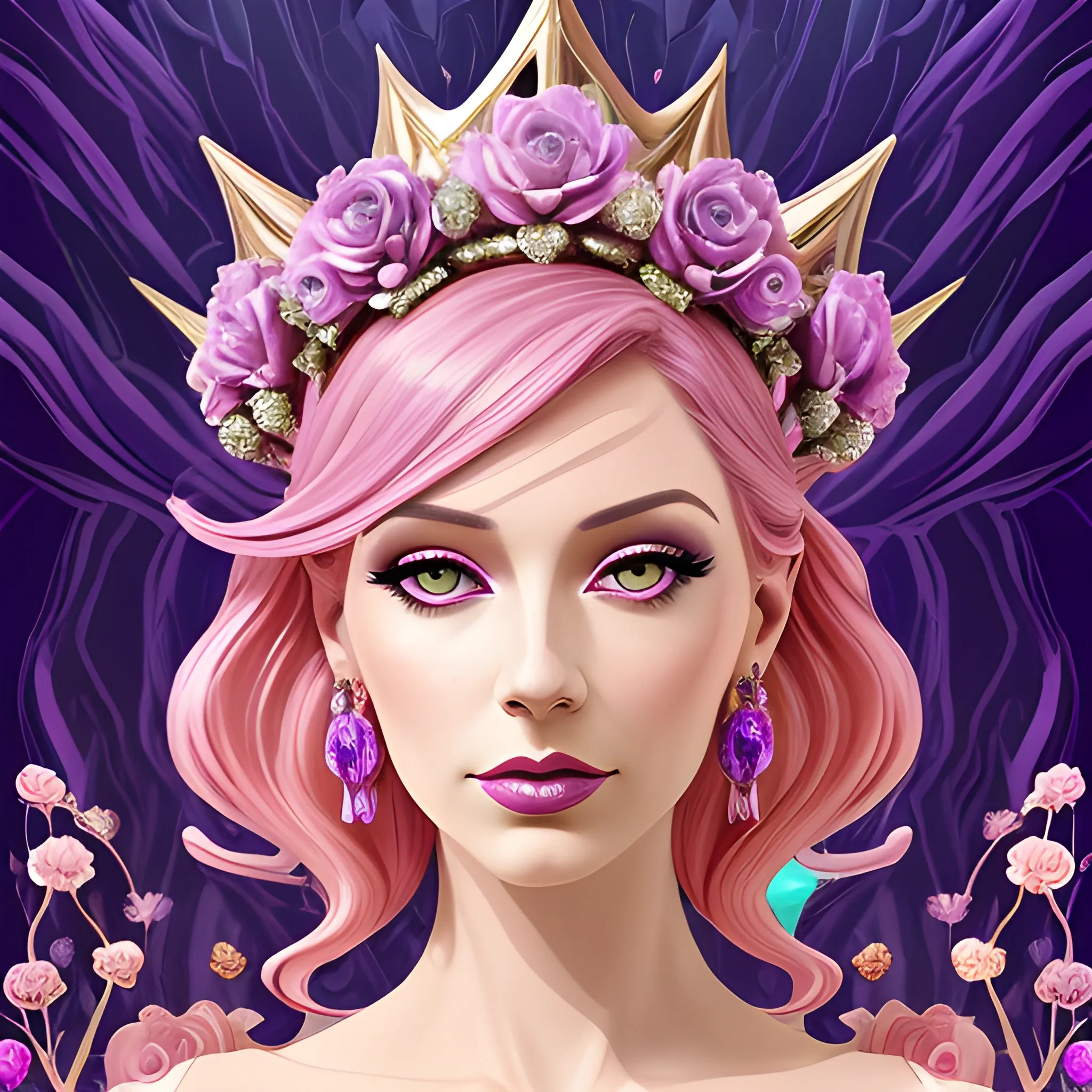 Close up of Woman purple wearing pink, art deco, earrings, bejeweled crown of roses, pink hair, purple eyes, digital illustration style, otherworldly landscape with floating islands, cascading streams and vibrant flora and fauna. Very detailed and high quality, 3D, Water Color