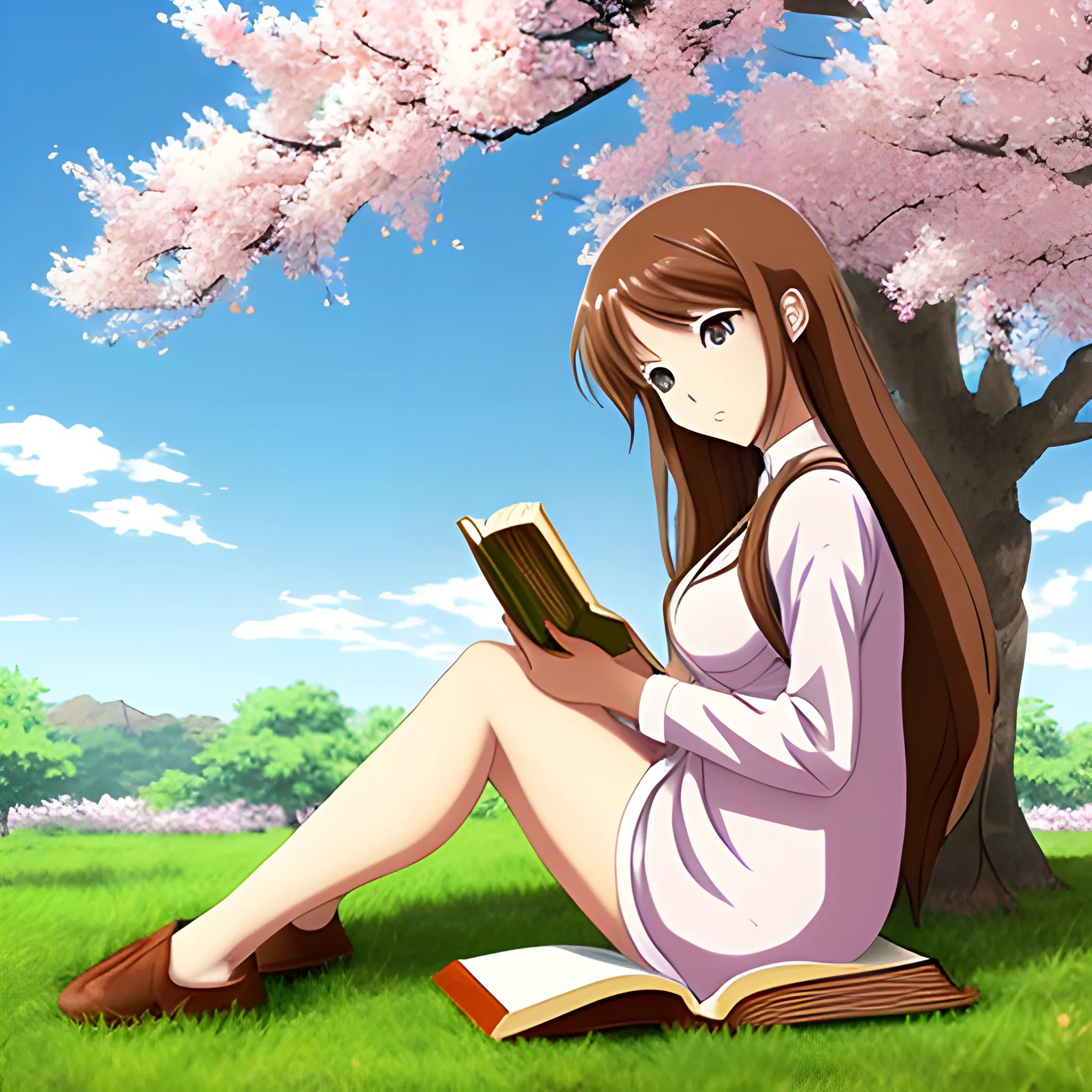 Anime woman sitting u see a blossom tree reading a book and she has brown hair 