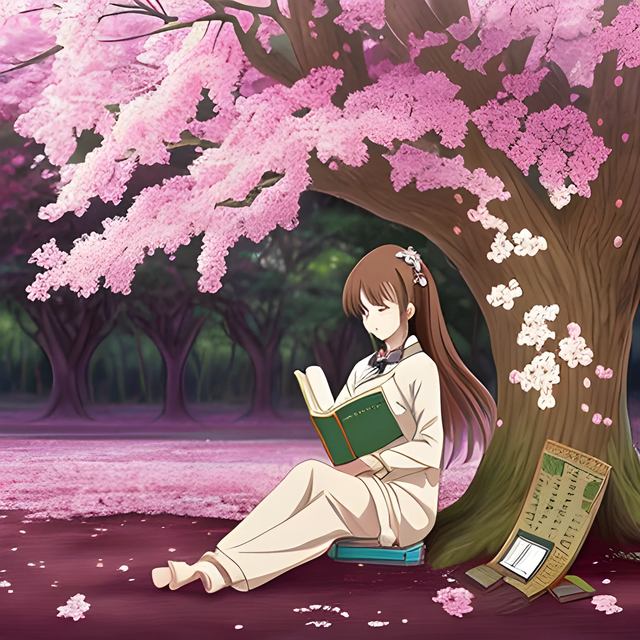 Anime woman sitting u see a blossom tree reading a book and she has brown hair , Trippy