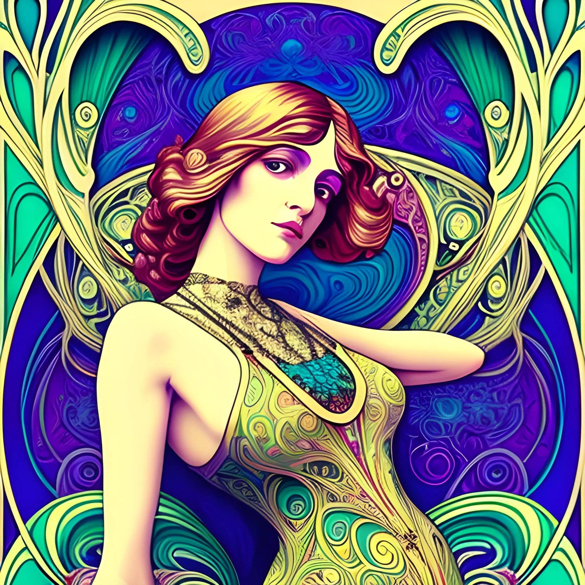 Art Nouveau painting, true aesthetics, stylish fashion shot of a beautiful woman posing in front of a psychedelic art nouveau style. Highly detailed, highest quality