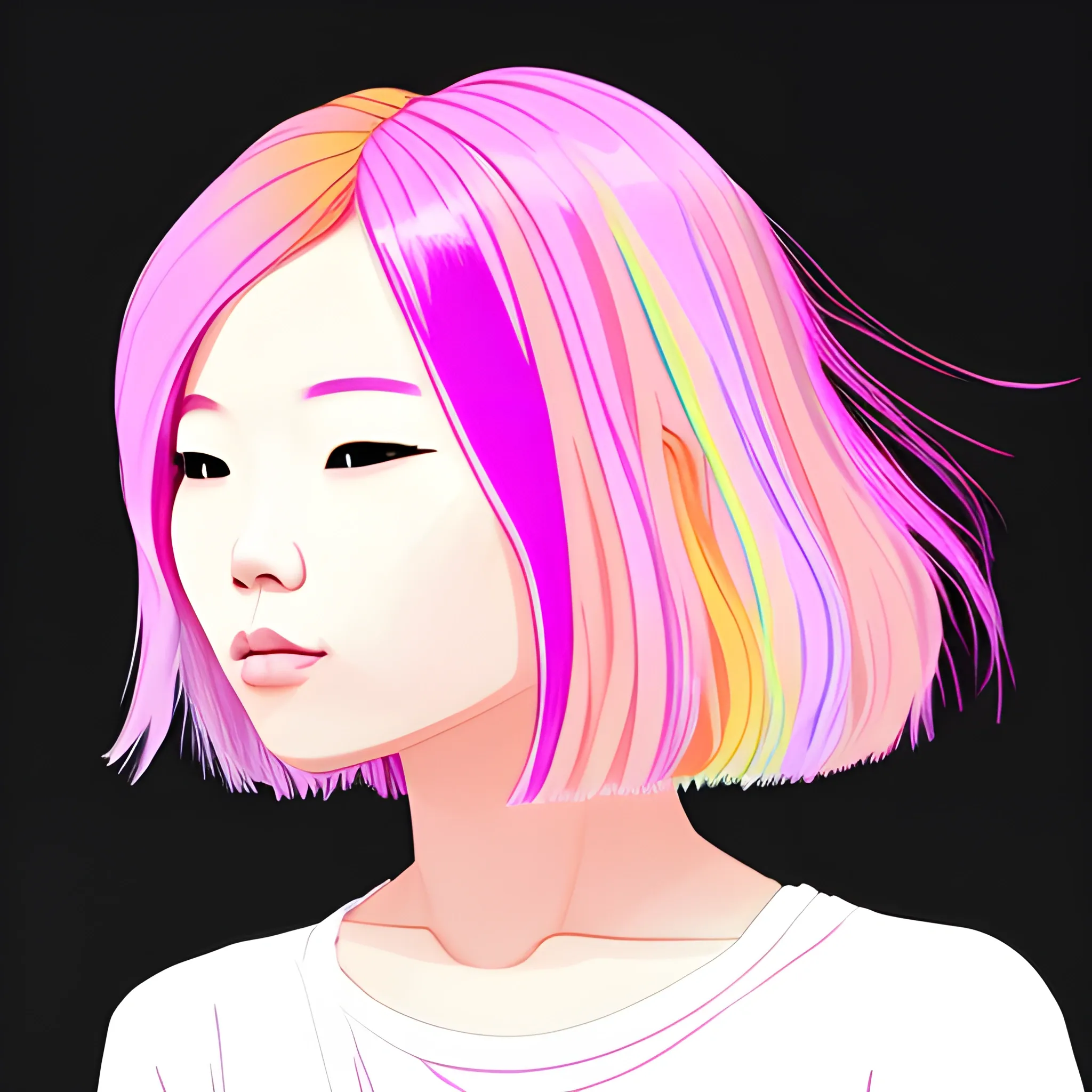 Pastel simple outline Asian women with pink hair , Trippy