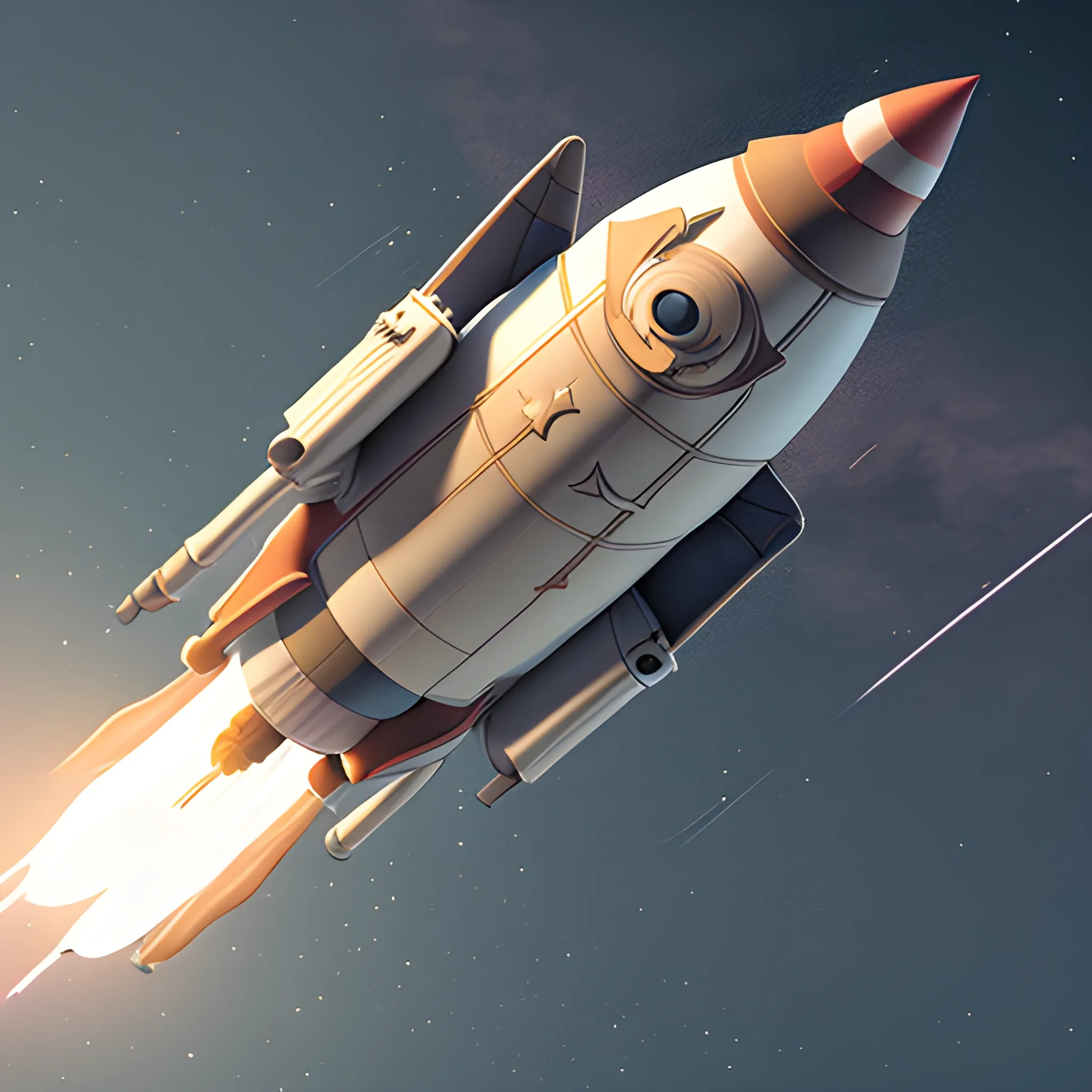 Animated rocket blasting off into space, 3D