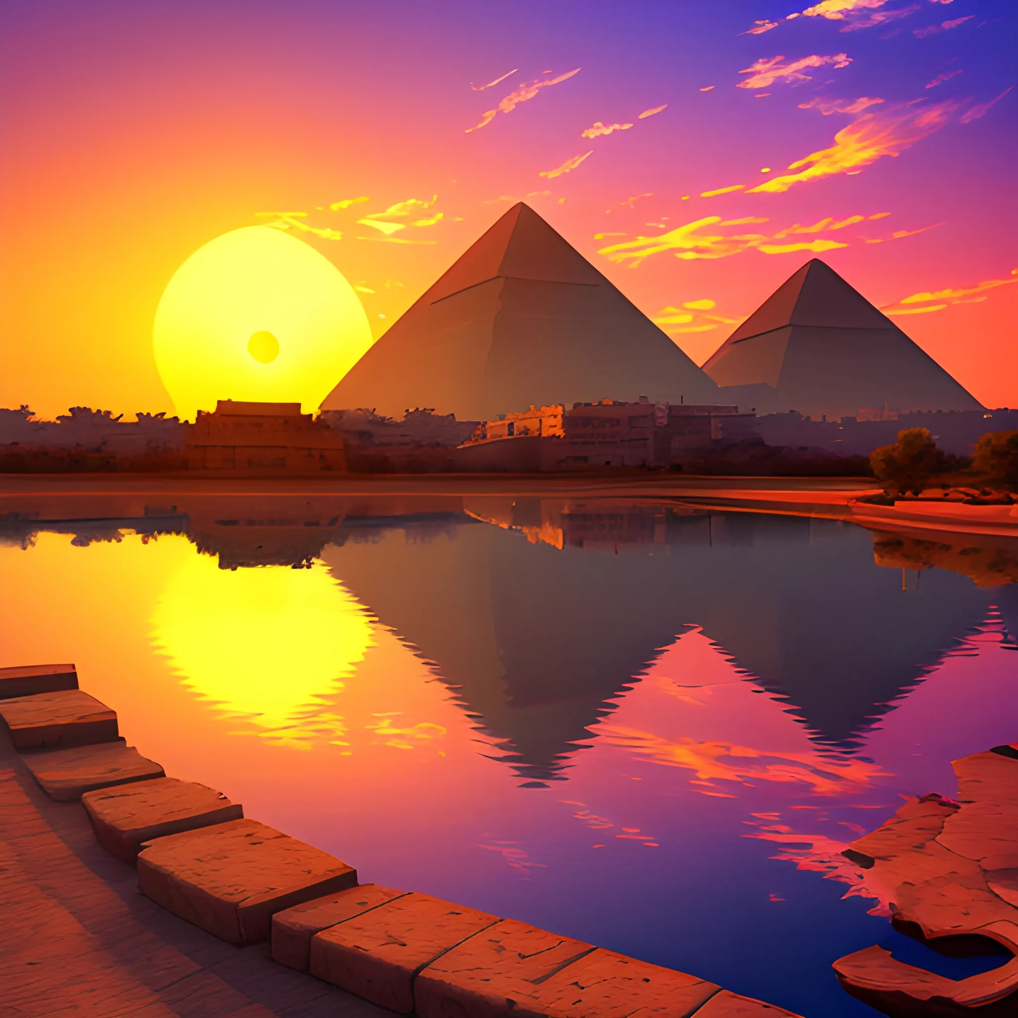 amazing sunset behind nile and pyramids realistic 