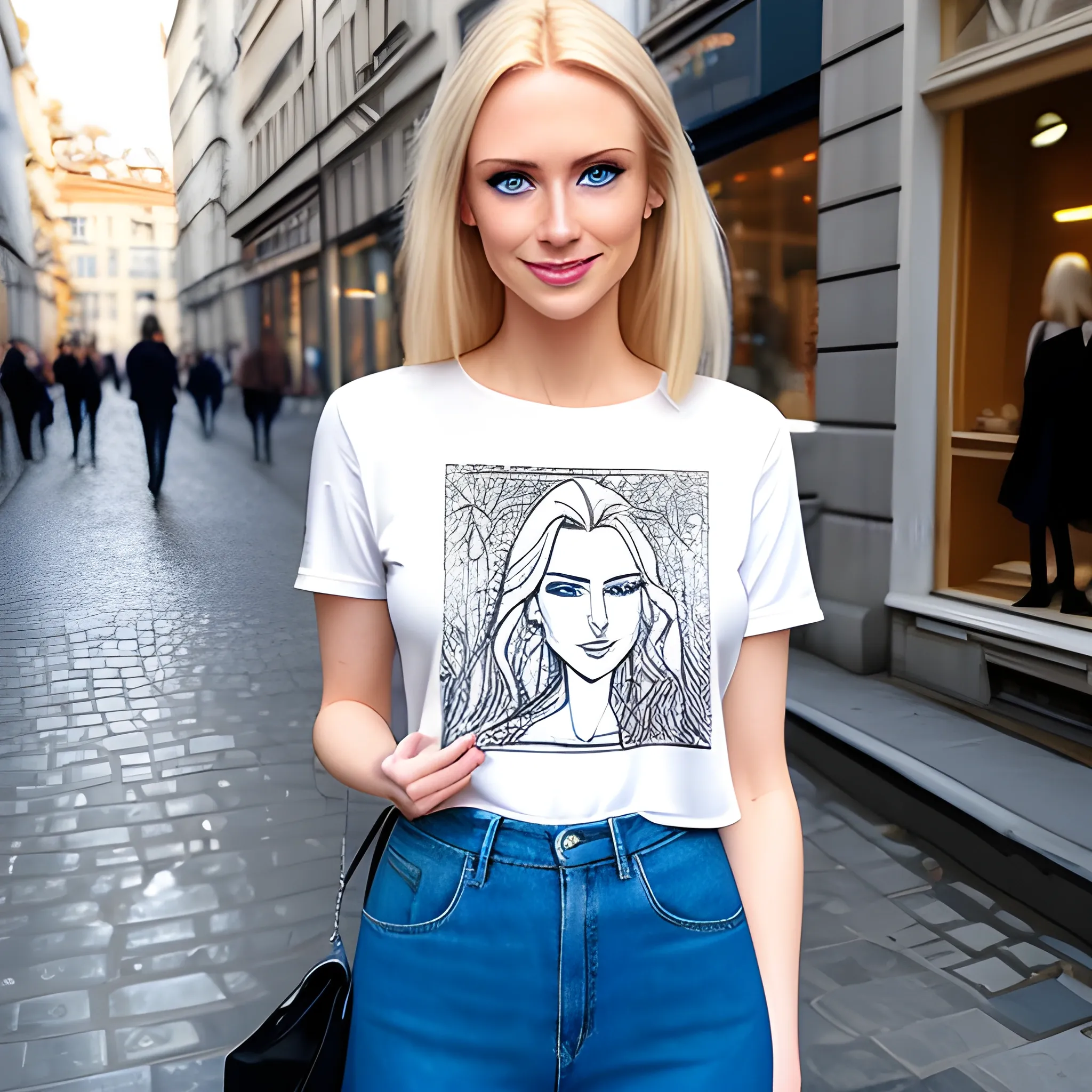 a 20 year old beautiful woman, with blond natural poney hair, blue eyes, wearing fashion and casual clothes for an art student, she's smiling while drawing and checking her drawings standing on the street, zoom the top half of the body
