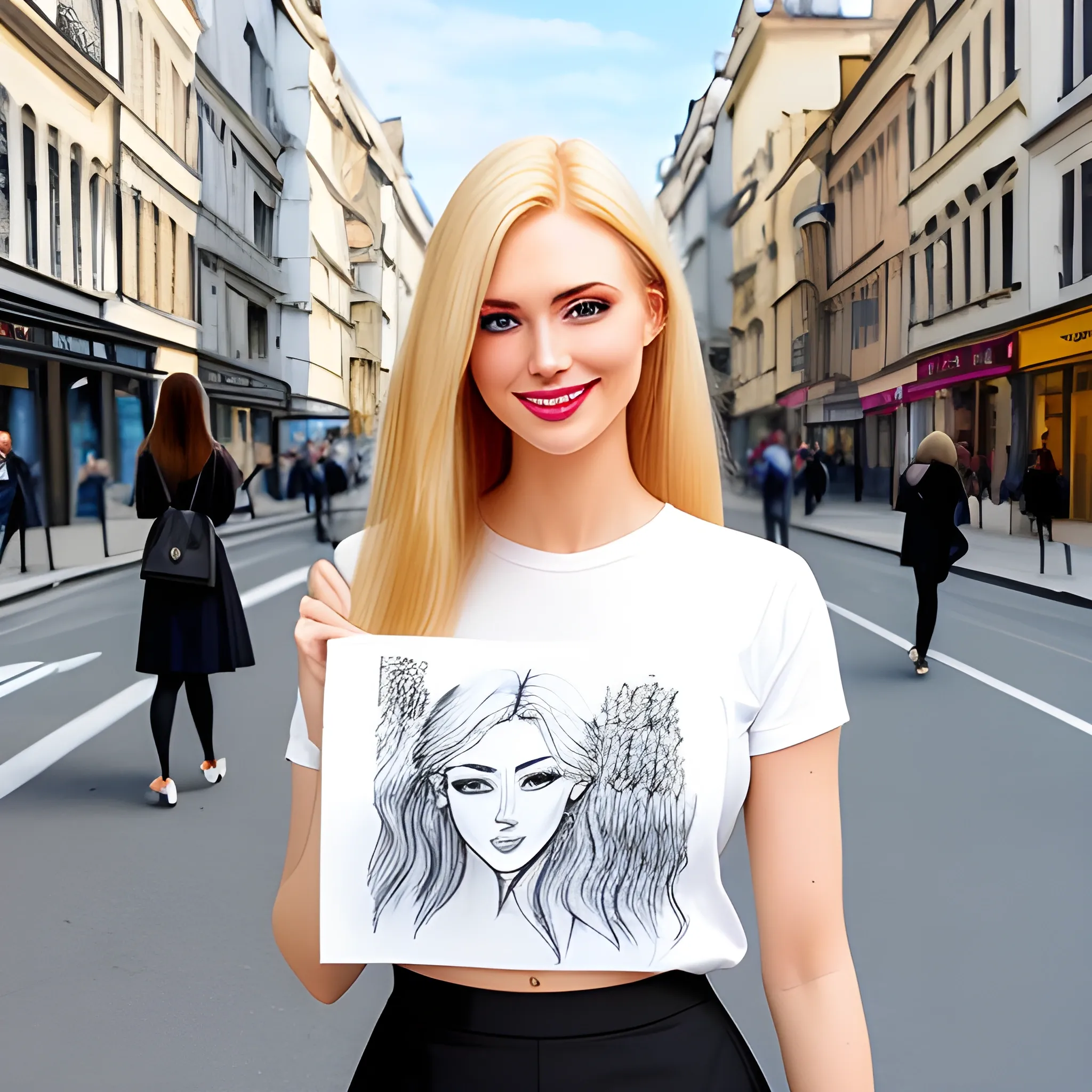 a 20 year old beautiful woman, more natural face,
, with blond natural poney hair, blue eyes, wearing fashion and casual clothes for an art student (cute black skirt), she's smiling while drawing and checking her drawings standing on the street
