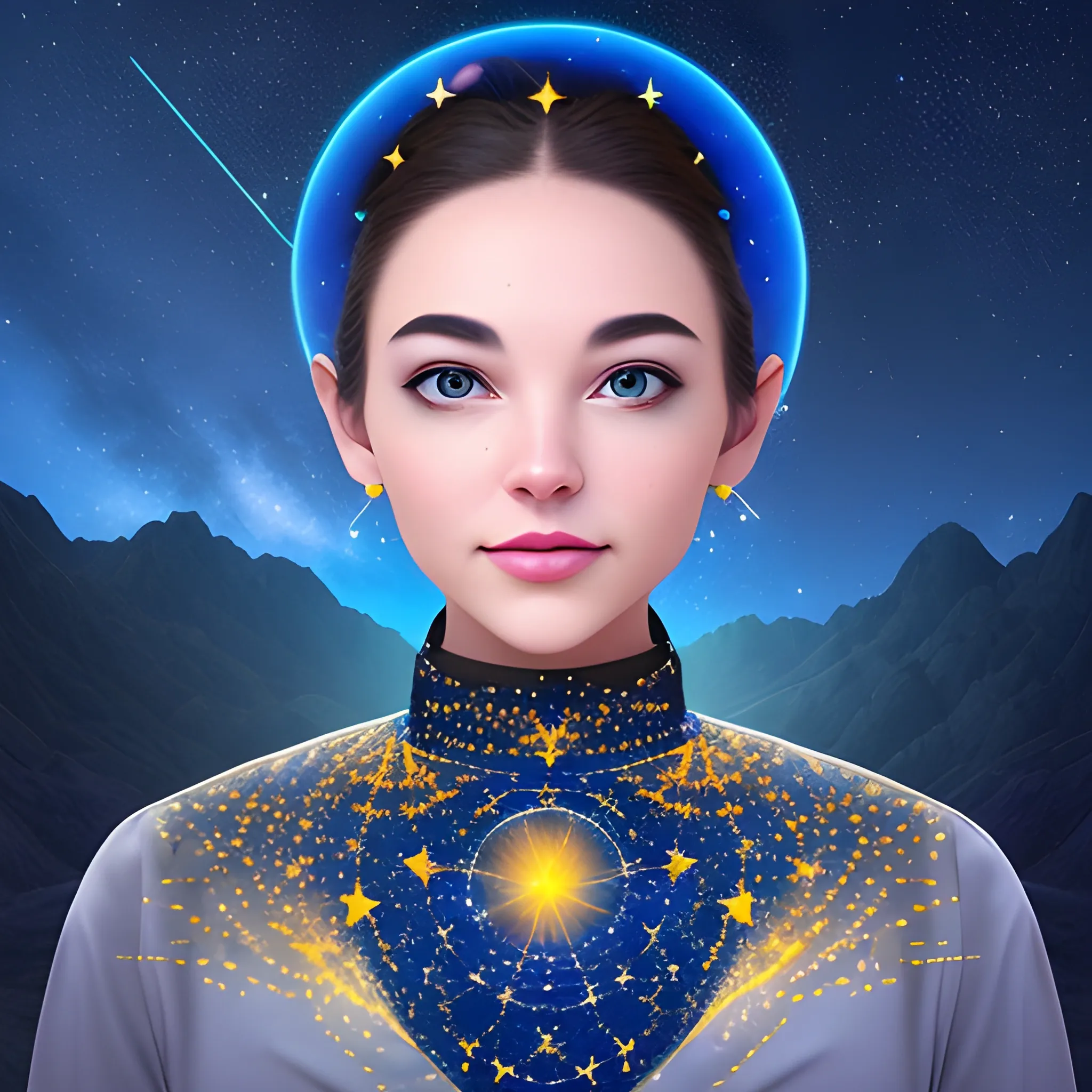 Design a captivating 3D host facing the camera, visible up to the waist, amidst a mesmerizing starry background. Use your artistic flair to bring this cosmic scene to life and let the enchantment unfold under the starlit sky! host face should be towards camera , male, 3D