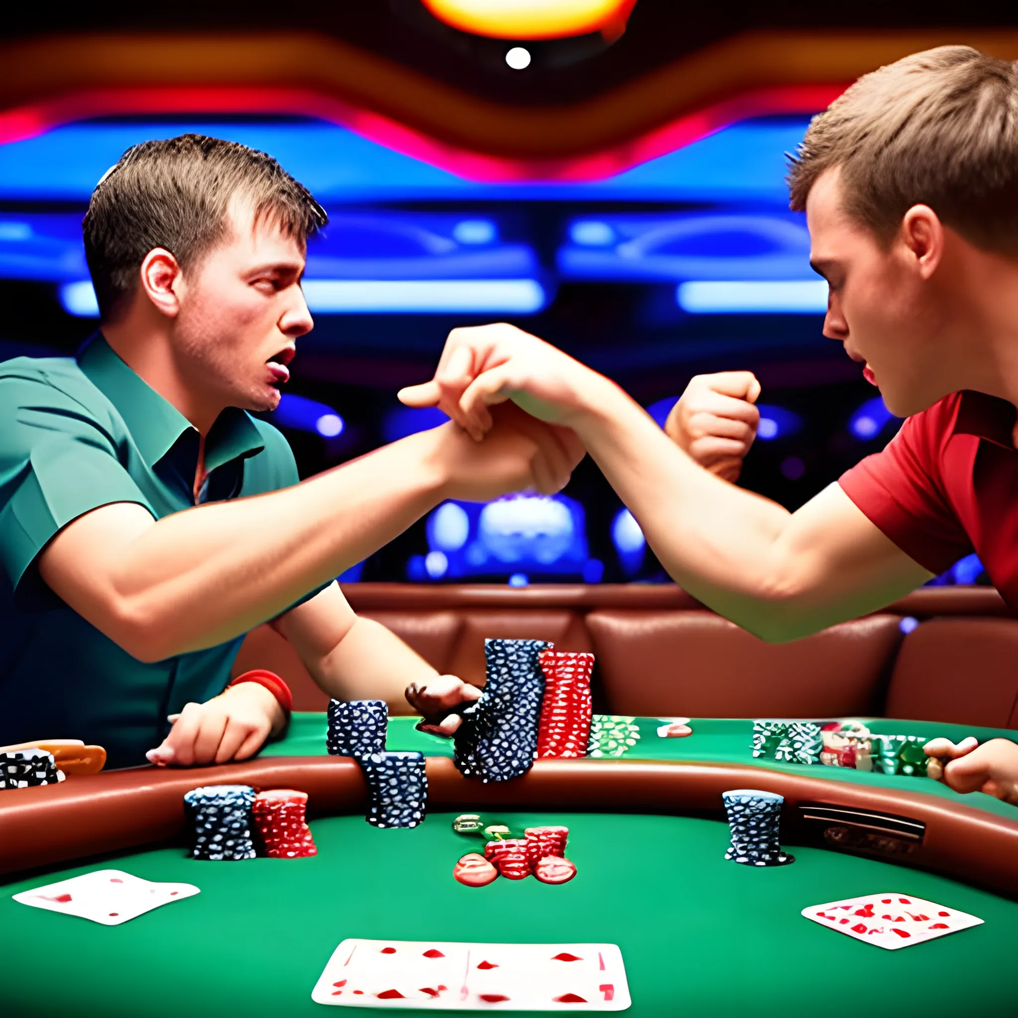 two drunk men fighting at a full poker table in a casino