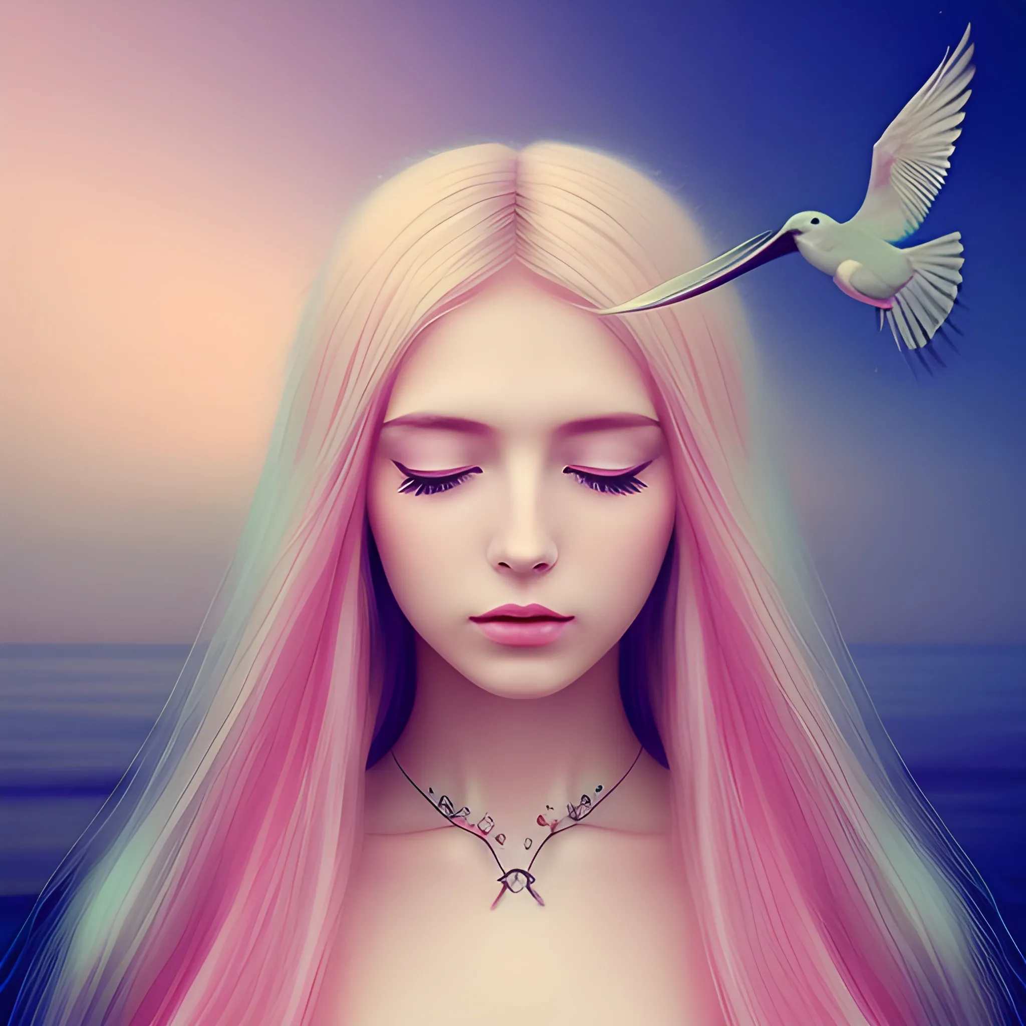 beautiful woman, peace, innocence, serenity, long hair, birds, surreal, pastel colors, high definition, stunning graphics