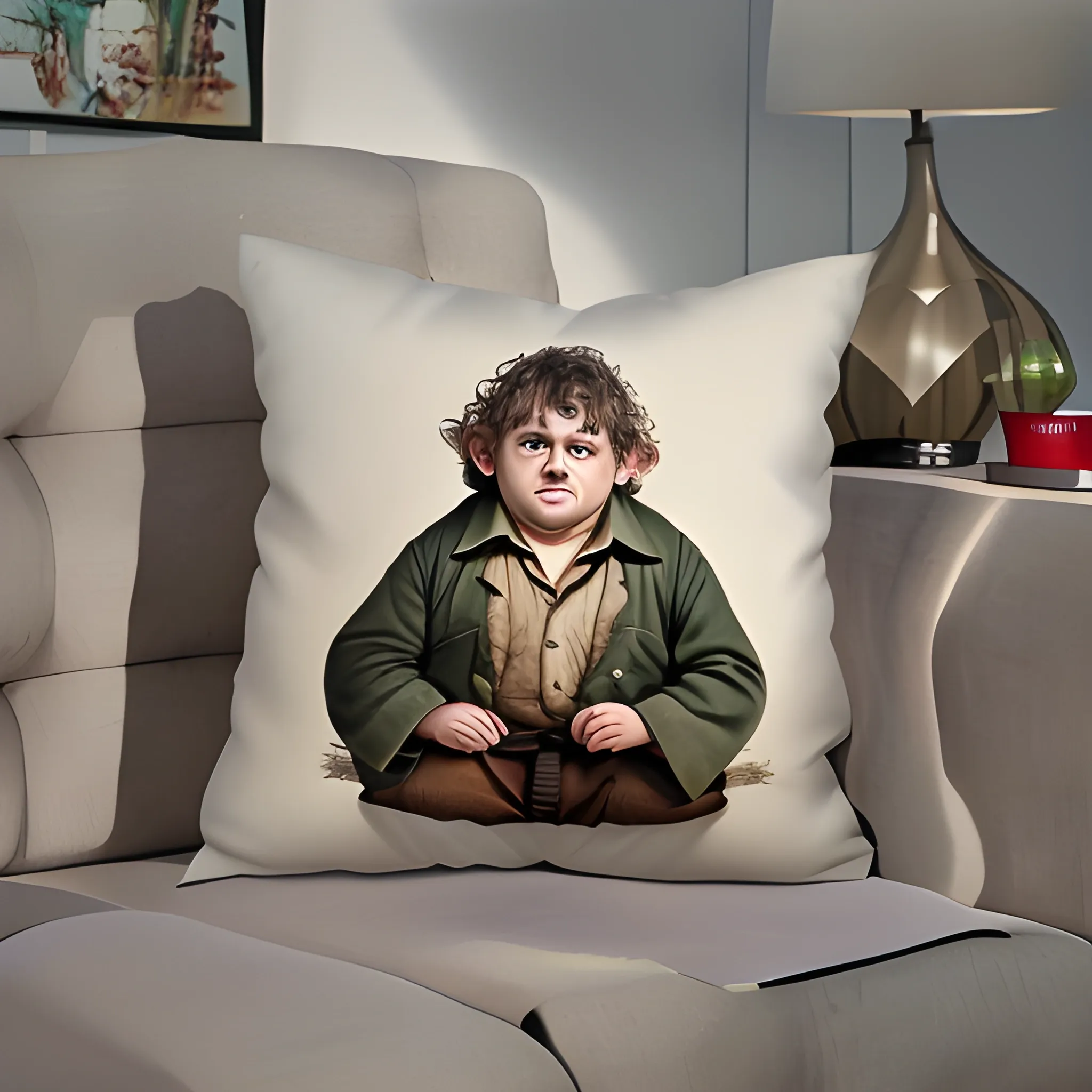 Grumpy Australian hobbit with a very expensive pillow