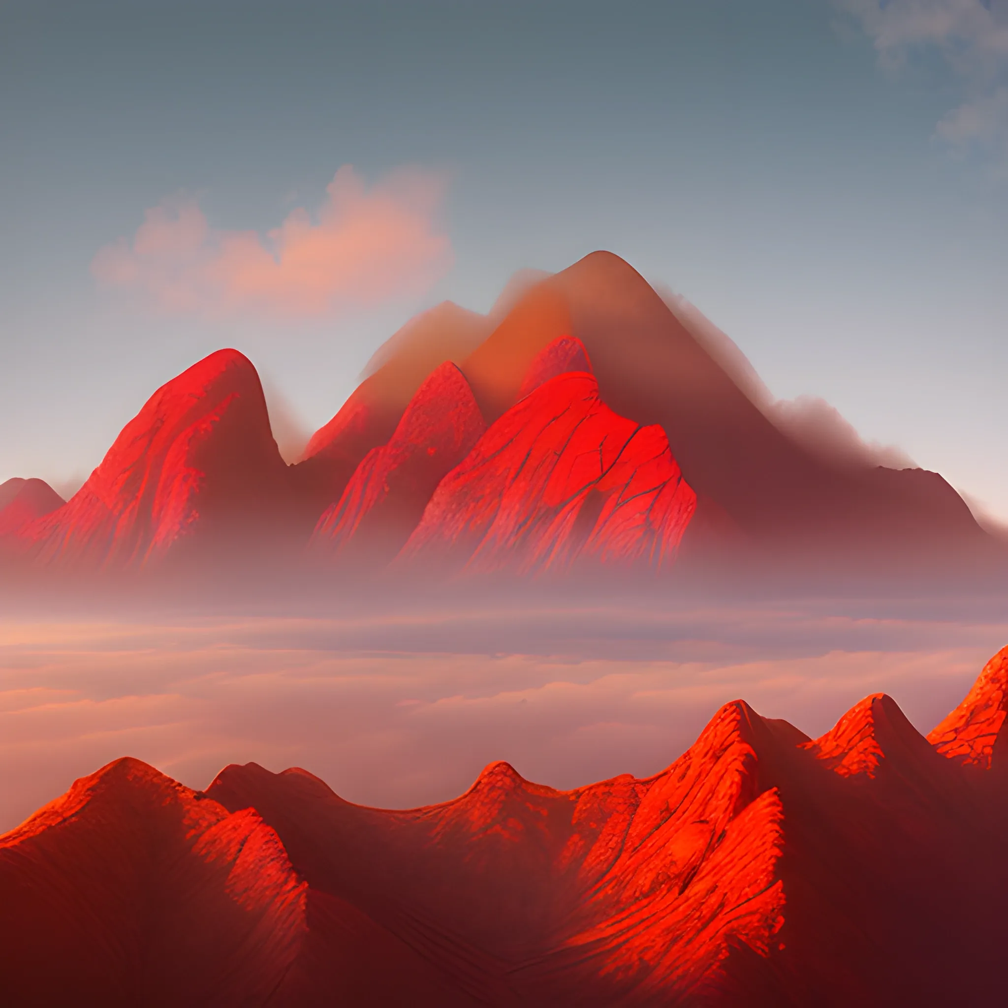 realistic image red mountains, foggy background, 