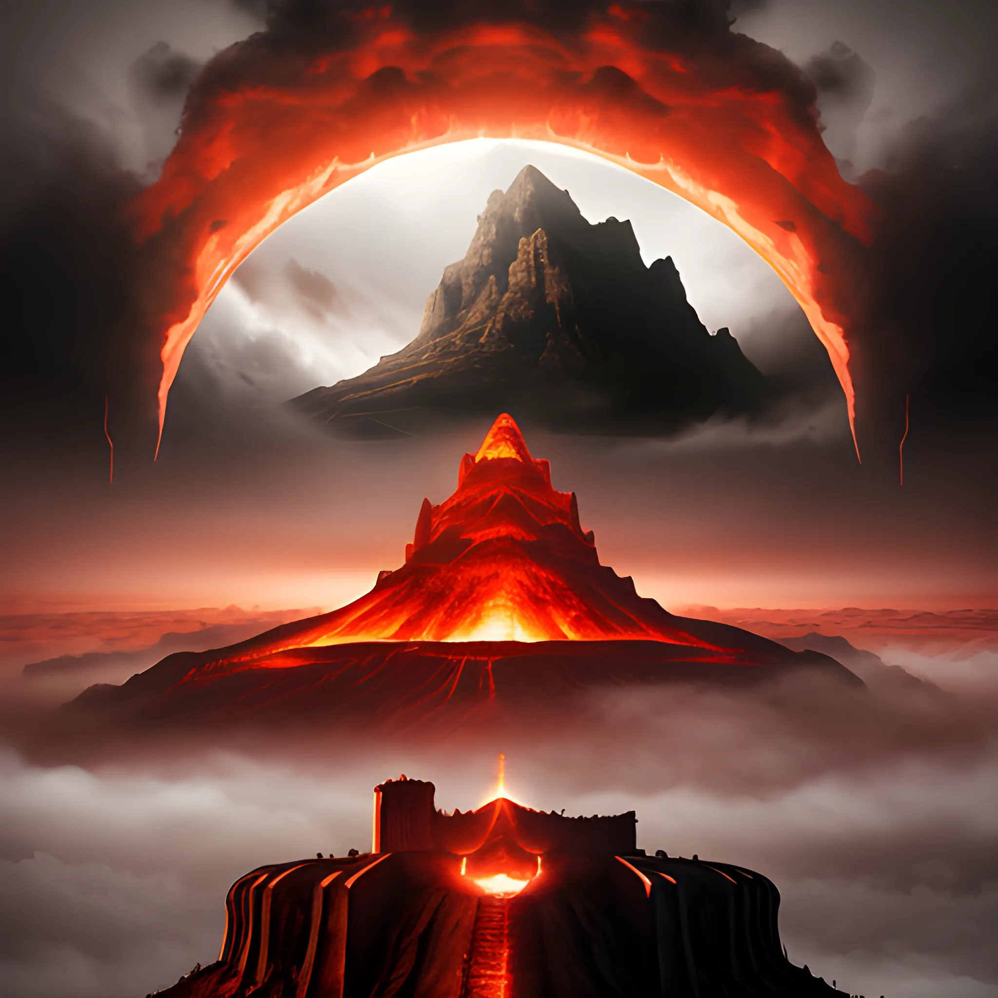 realistic image war between demons and templars in red mountain surrounded by a circular cloud at its peak, in hell, foggy background