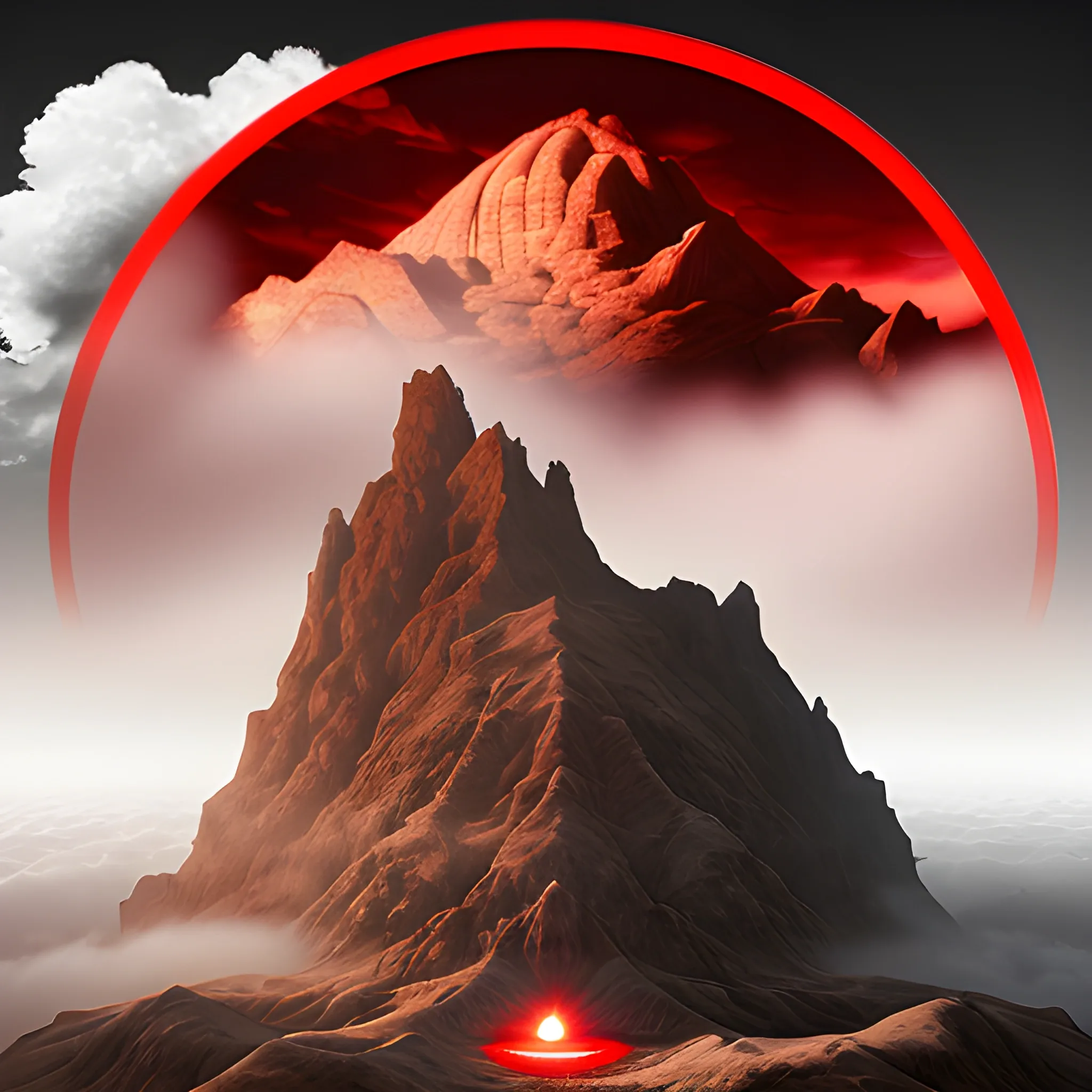 realistic image war between demons and templars in red mountain surrounded by a circular cloud at its peak, in hell, foggy background, 3D