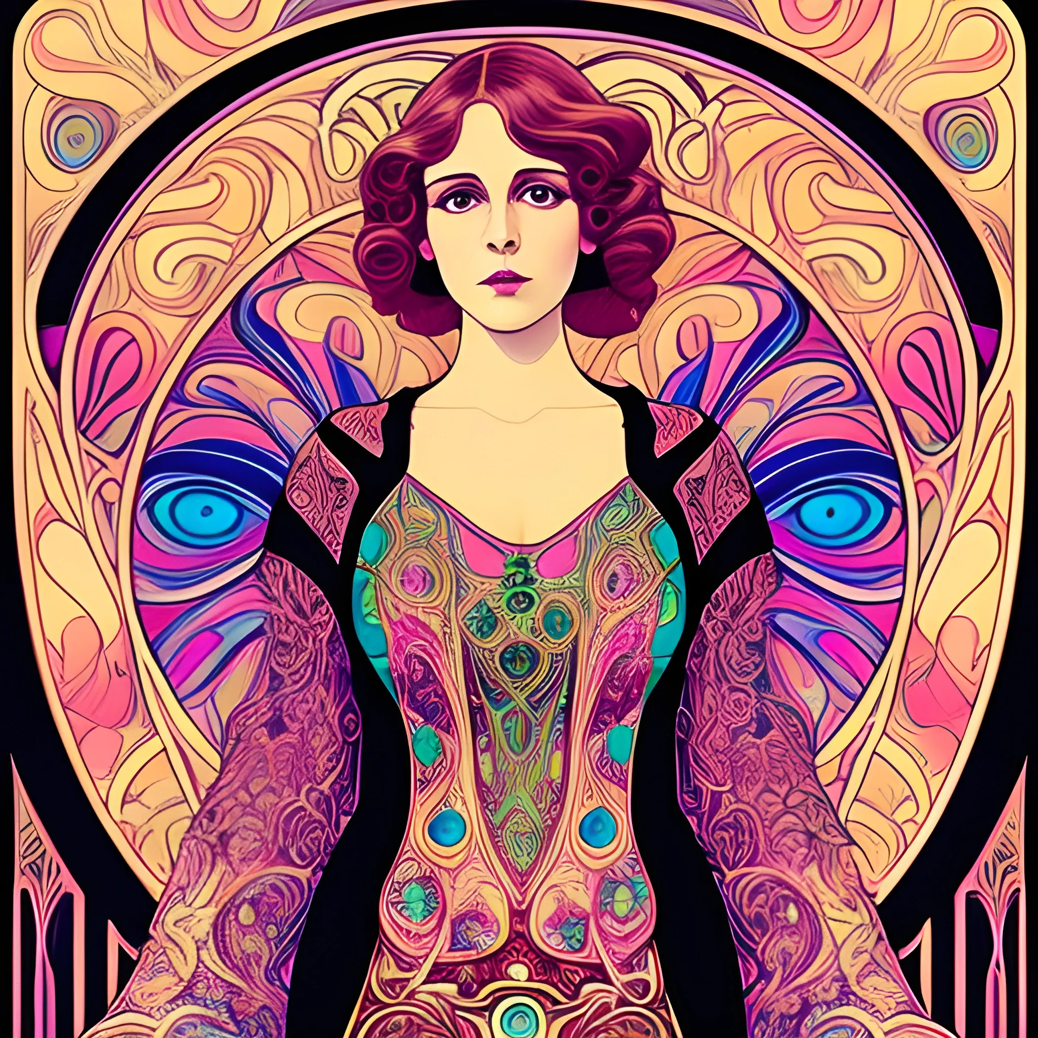 Art Nouveau painting, true aesthetics, stylish fashion shot of a beautiful woman posing in front of a psychedelic art nouveau style. Highly detailed, highest quality