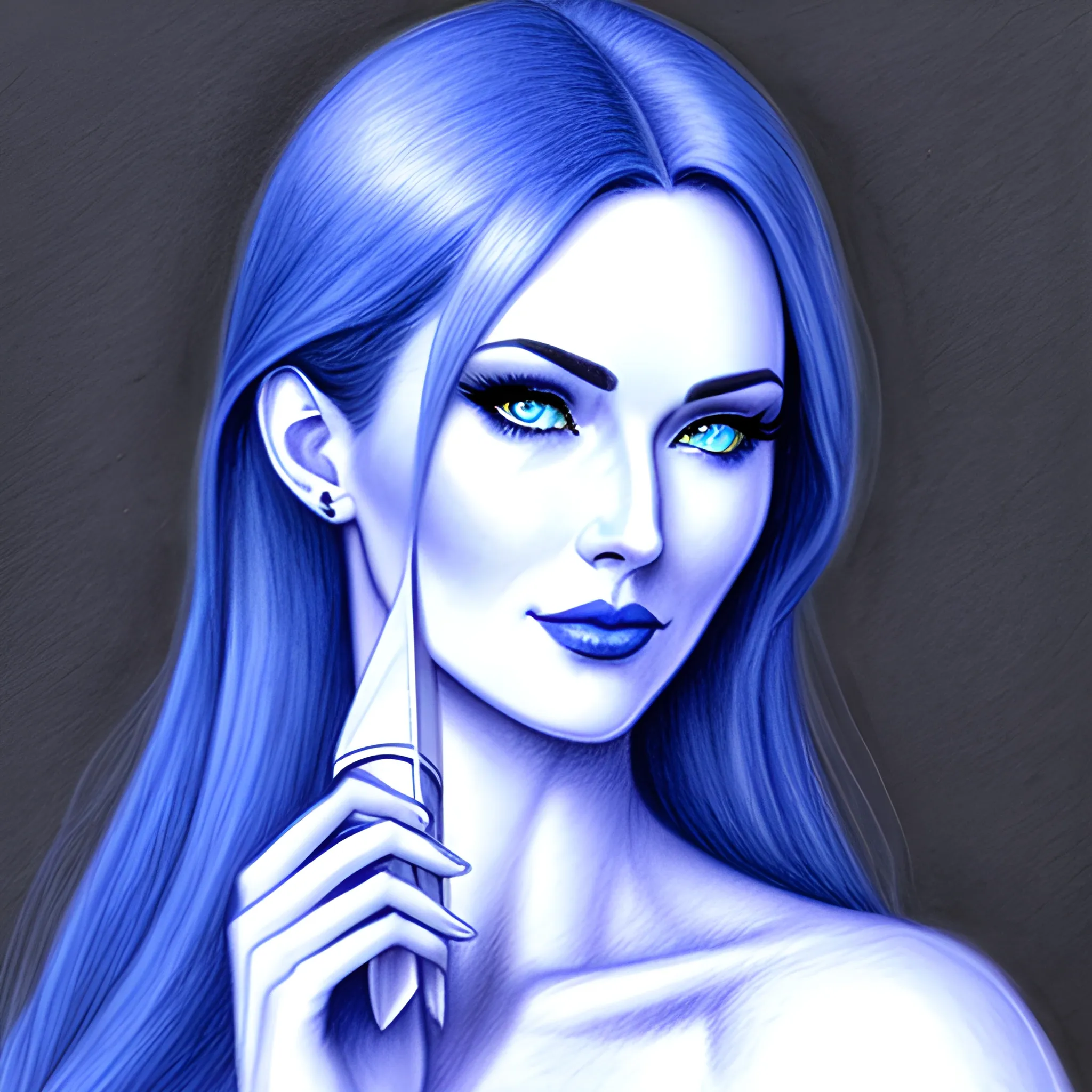 Beautiful girl with blue eyes, high detail, blue scene, hauntingly beautiful illustration, Pencil Sketch，eat icecream