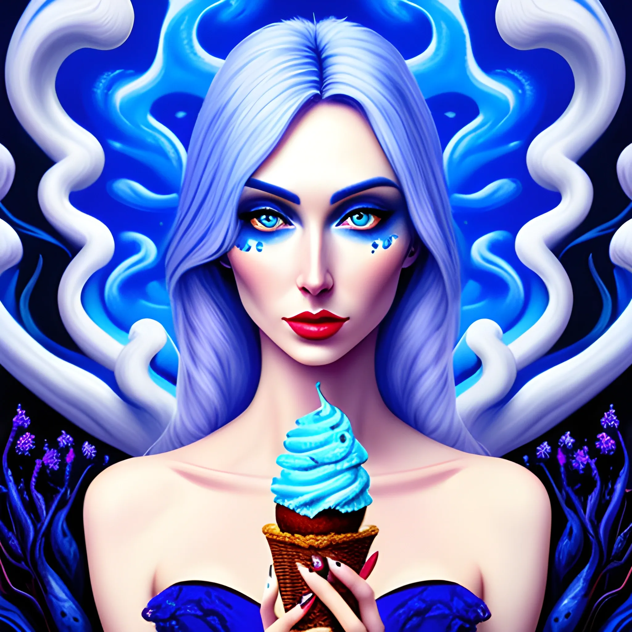Beautiful girl with blue eyes, high detail, blue scene, hauntingly beautiful illustration，eat a big ice-cream, Trippy, Oil Painting